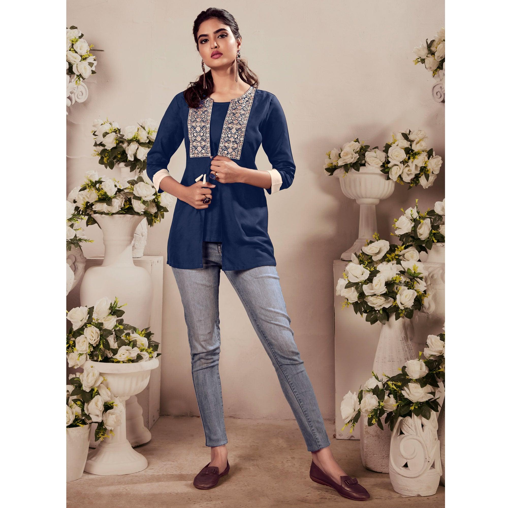 Navy Blue Casual Wear Floral Embroidered Rayon Top - Peachmode