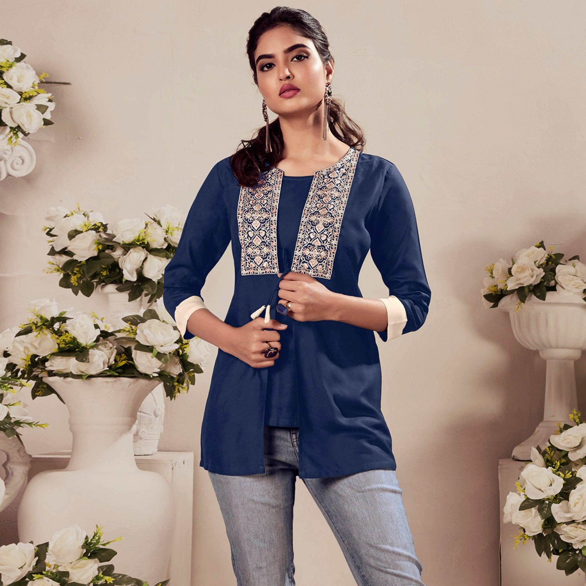 Navy Blue Casual Wear Floral Embroidered Rayon Top - Peachmode