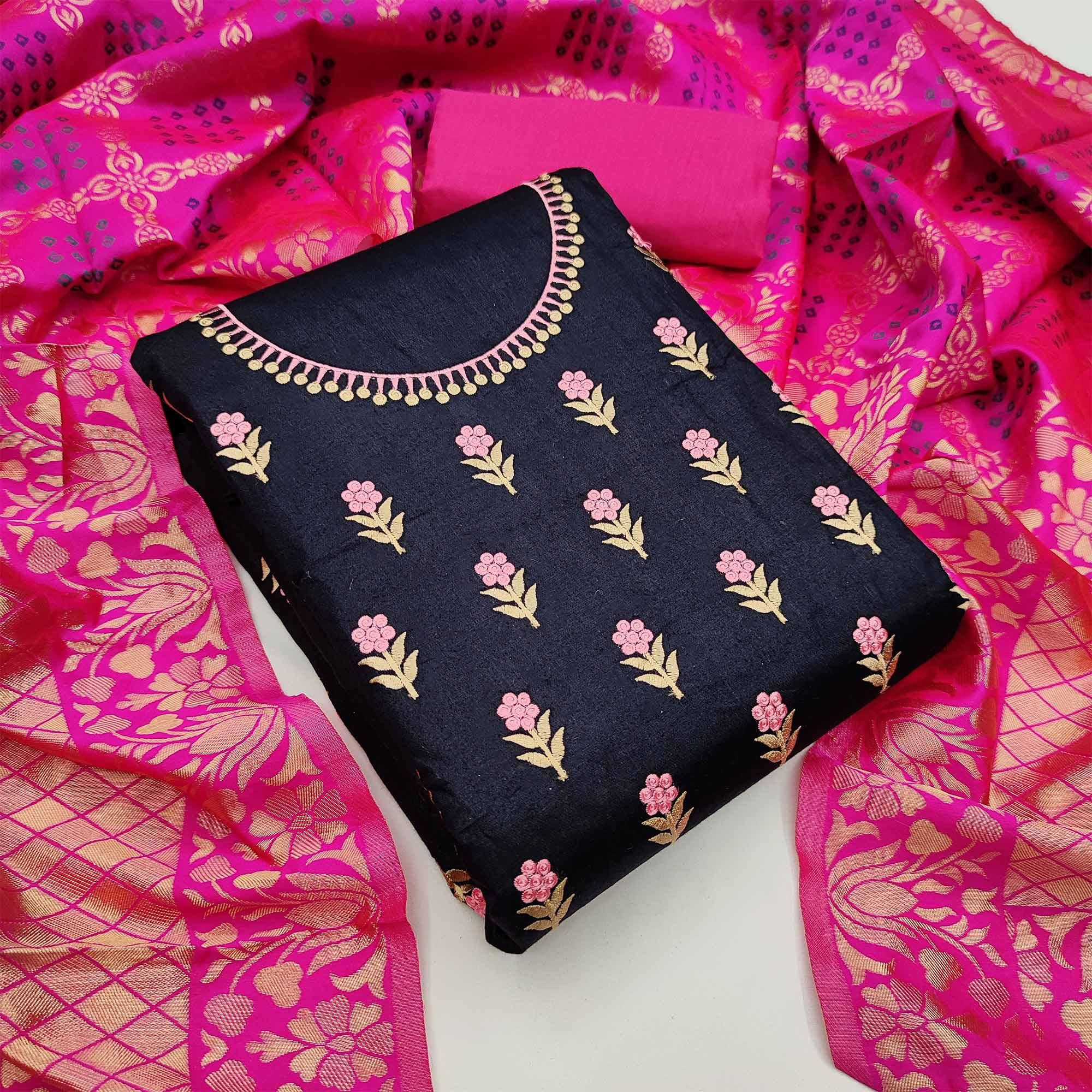 Navy Blue Casual Wear Floral Embroidery Cotton Dress Material - Peachmode