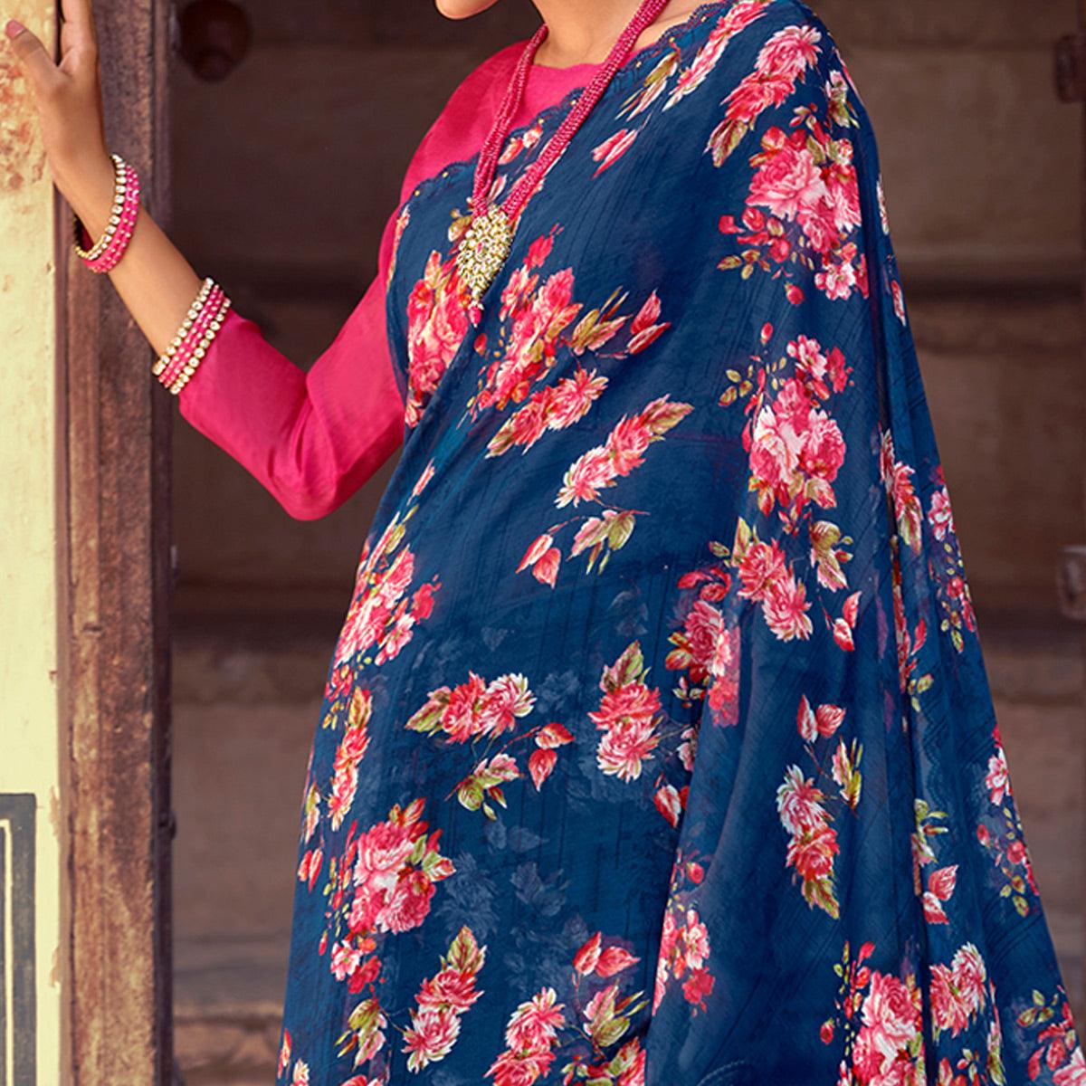 Navy Blue Casual Wear Floral Printed Alfino Saree With Fancy Diamond Lace - Peachmode