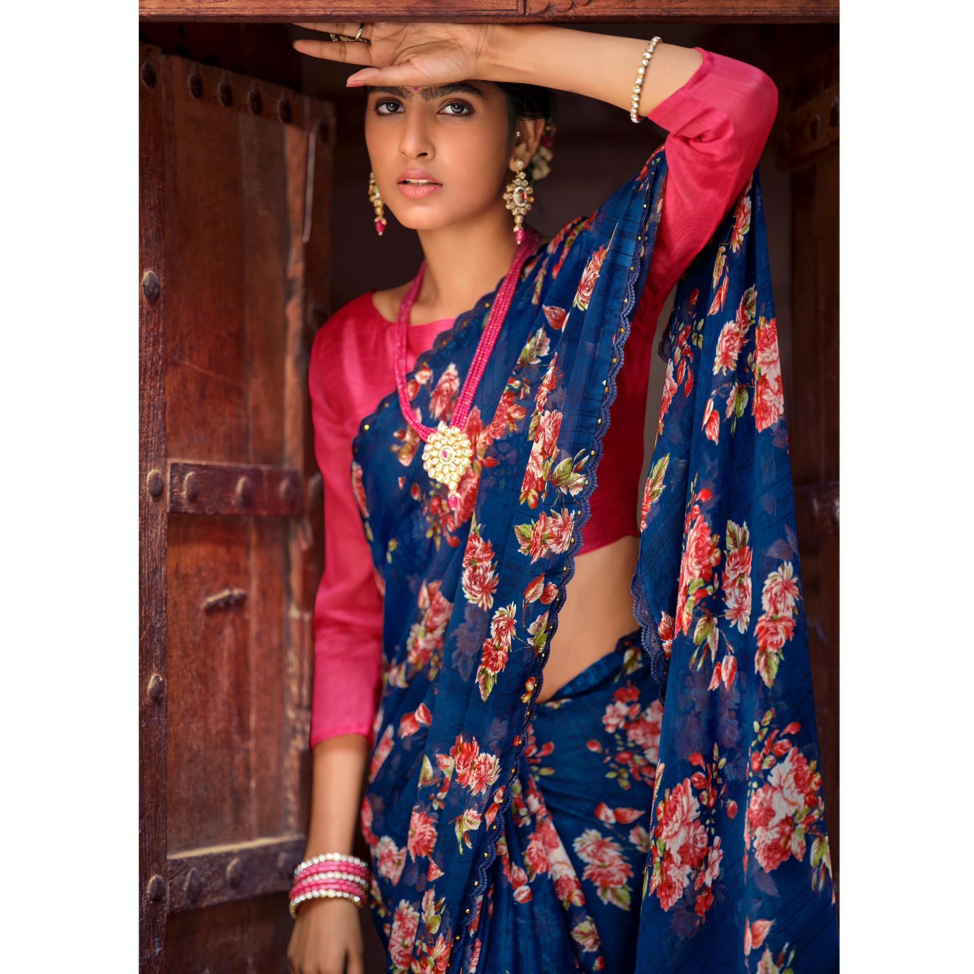 Navy Blue Casual Wear Floral Printed Alfino Saree With Fancy Diamond Lace - Peachmode