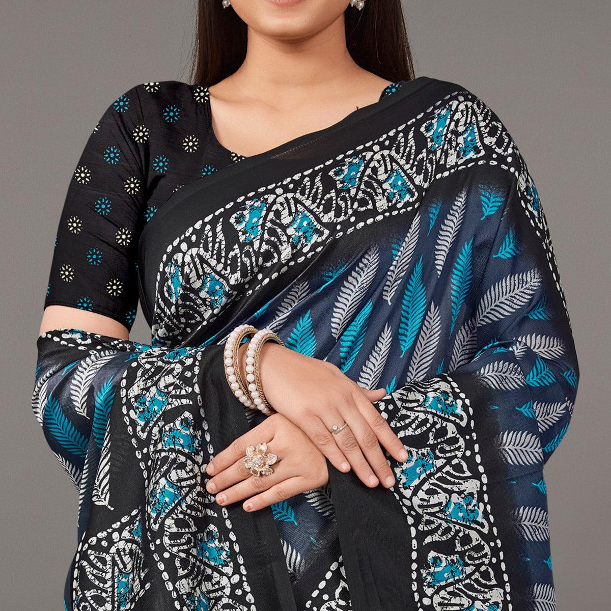 Navy Blue Casual Wear Floral Printed Art Silk Saree - Peachmode