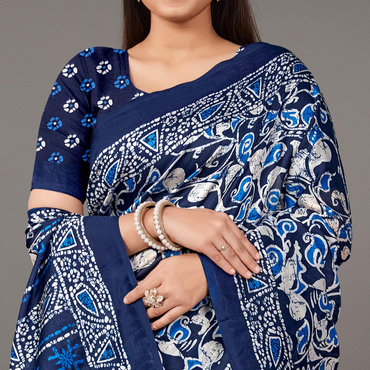 Navy Blue Casual Wear Floral Printed Art Silk Saree - Peachmode