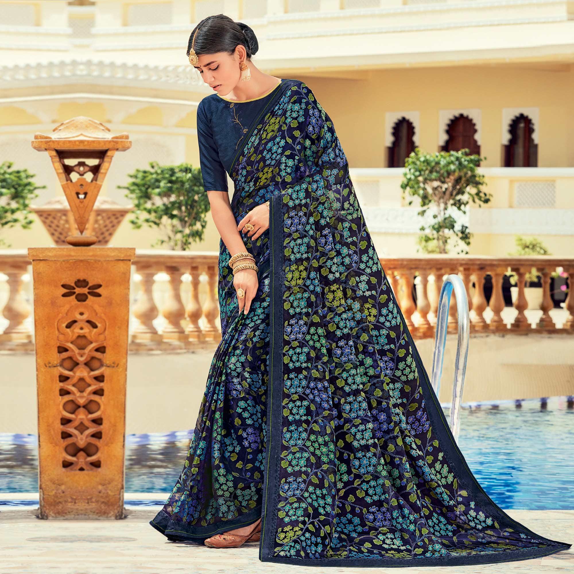 Navy Blue Casual Wear Floral Printed Brasso Saree - Peachmode