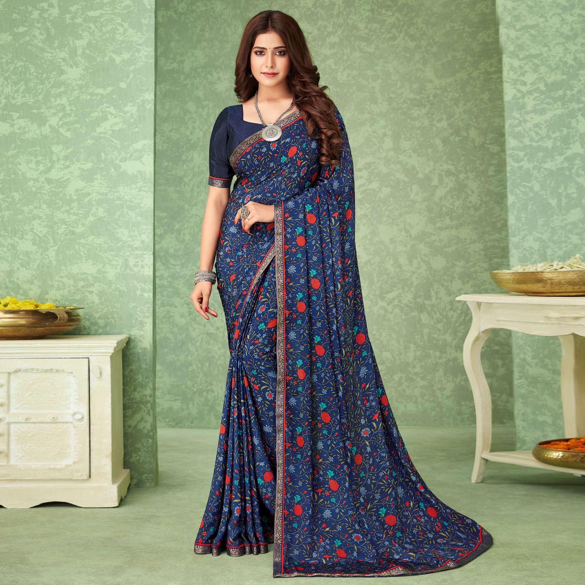 Navy Blue Casual Wear Floral Printed Crepe Saree With Banarasi Border - Peachmode