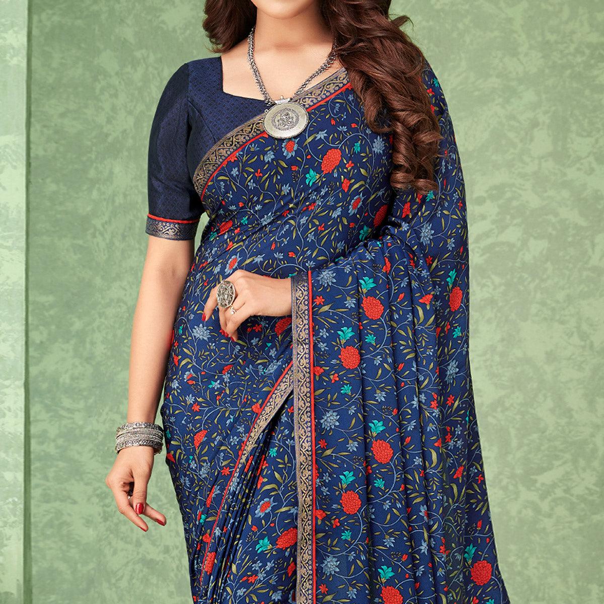 Navy Blue Casual Wear Floral Printed Crepe Saree With Banarasi Border - Peachmode