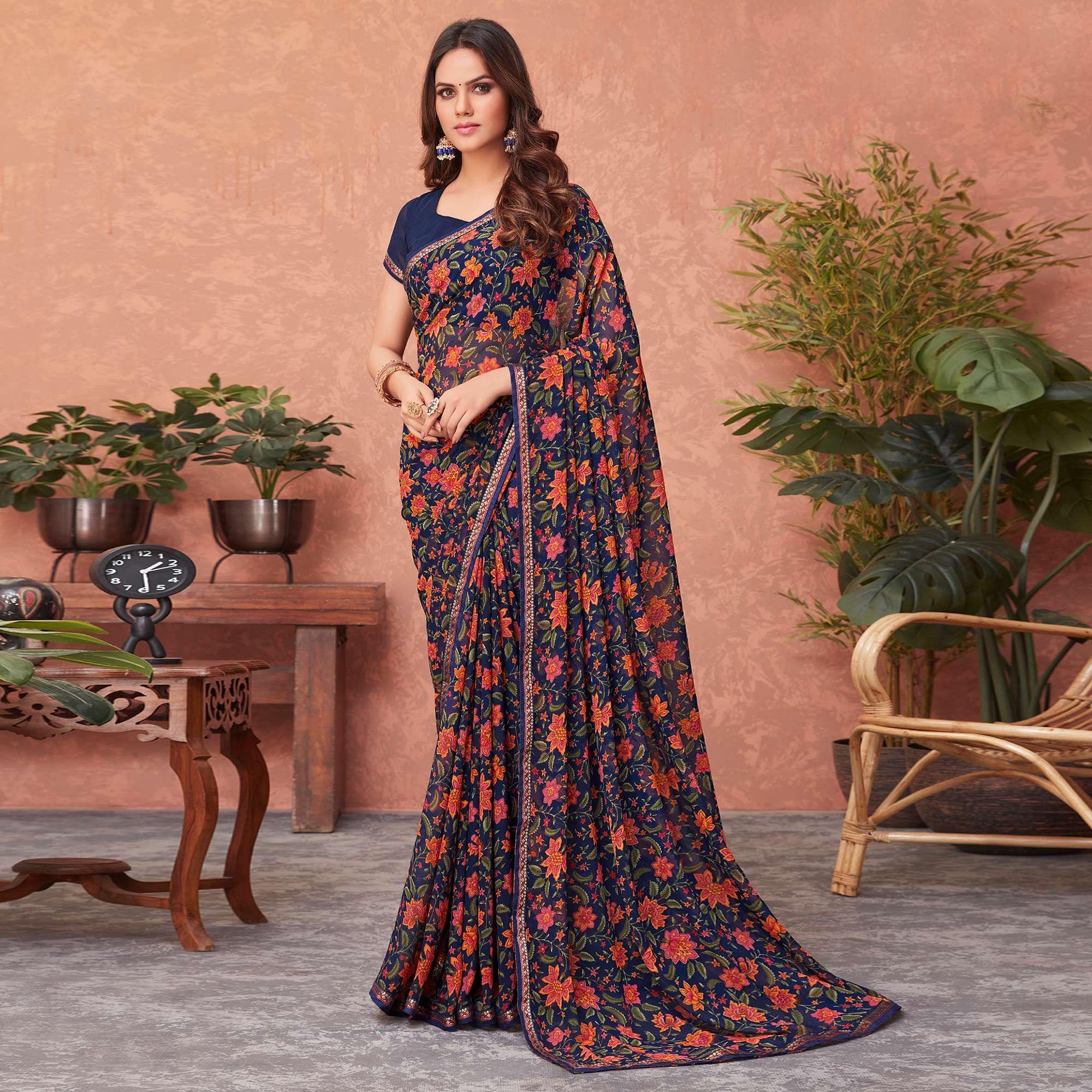 Navy Blue Casual Wear Floral Printed Georgette Saree - Peachmode
