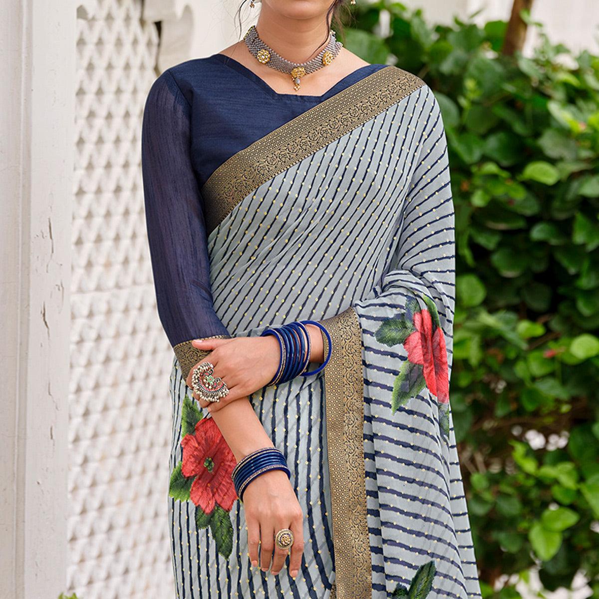 Navy Blue Casual Wear Floral With Striped Printed Georgette Saree - Peachmode