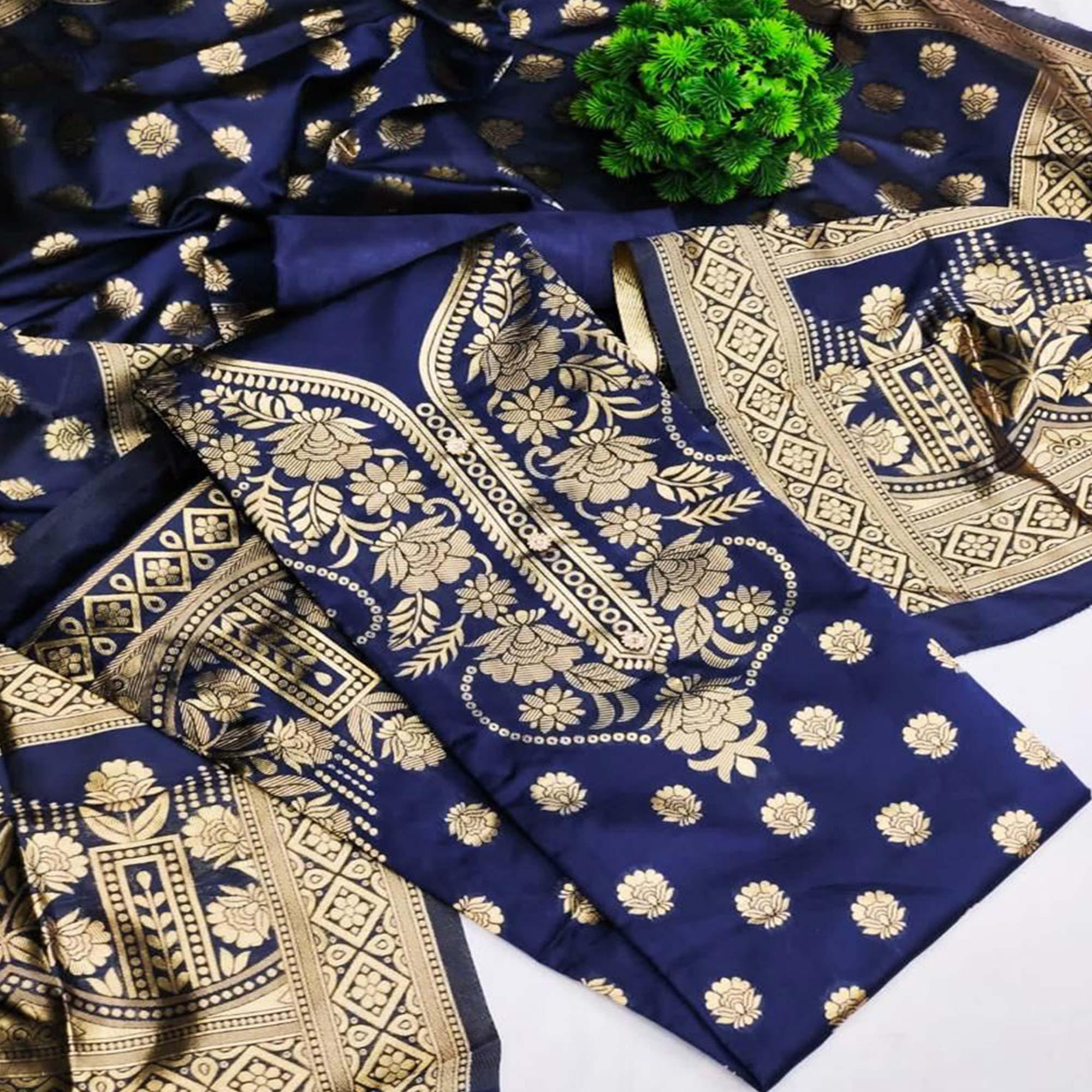 Navy Blue Casual Wear Floral Woven Banarasi Silk Dress Material - Peachmode