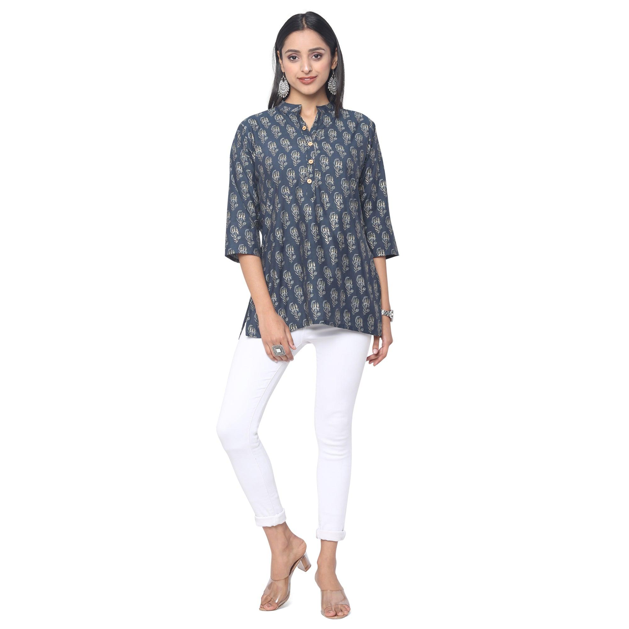 Navy Blue Casual Wear Foil Printed Cotton Top - Peachmode