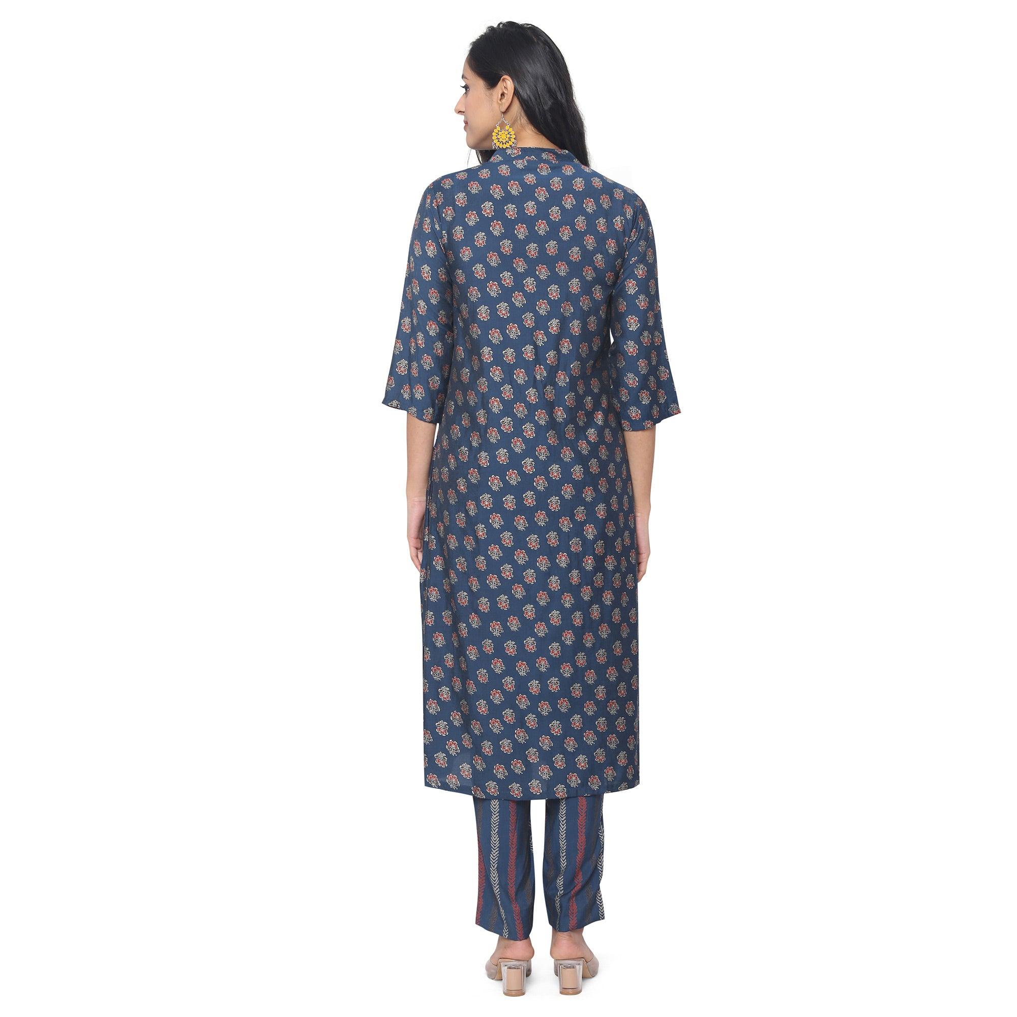 Navy Blue Casual Wear Foil Printed Muslin Kurti Pant Set - Peachmode