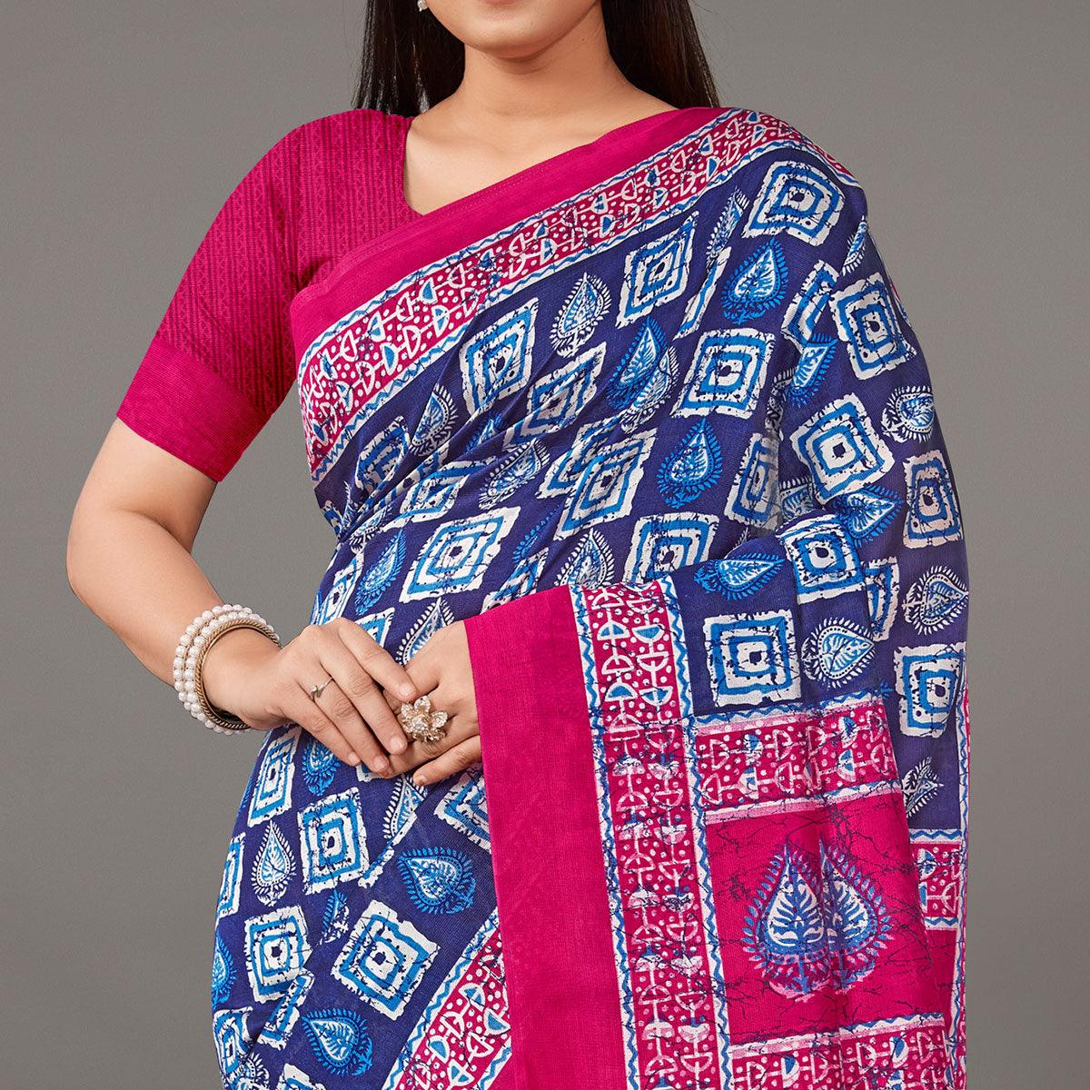 Navy Blue Casual Wear Geometric Printed Art Silk Saree - Peachmode