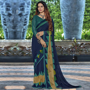 Navy Blue Casual Wear Geometric Printed Georgette Saree - Peachmode