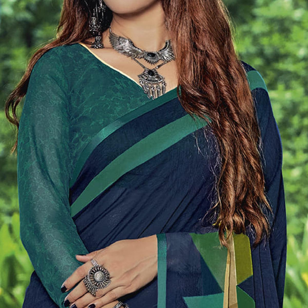Navy Blue Casual Wear Geometric Printed Georgette Saree - Peachmode