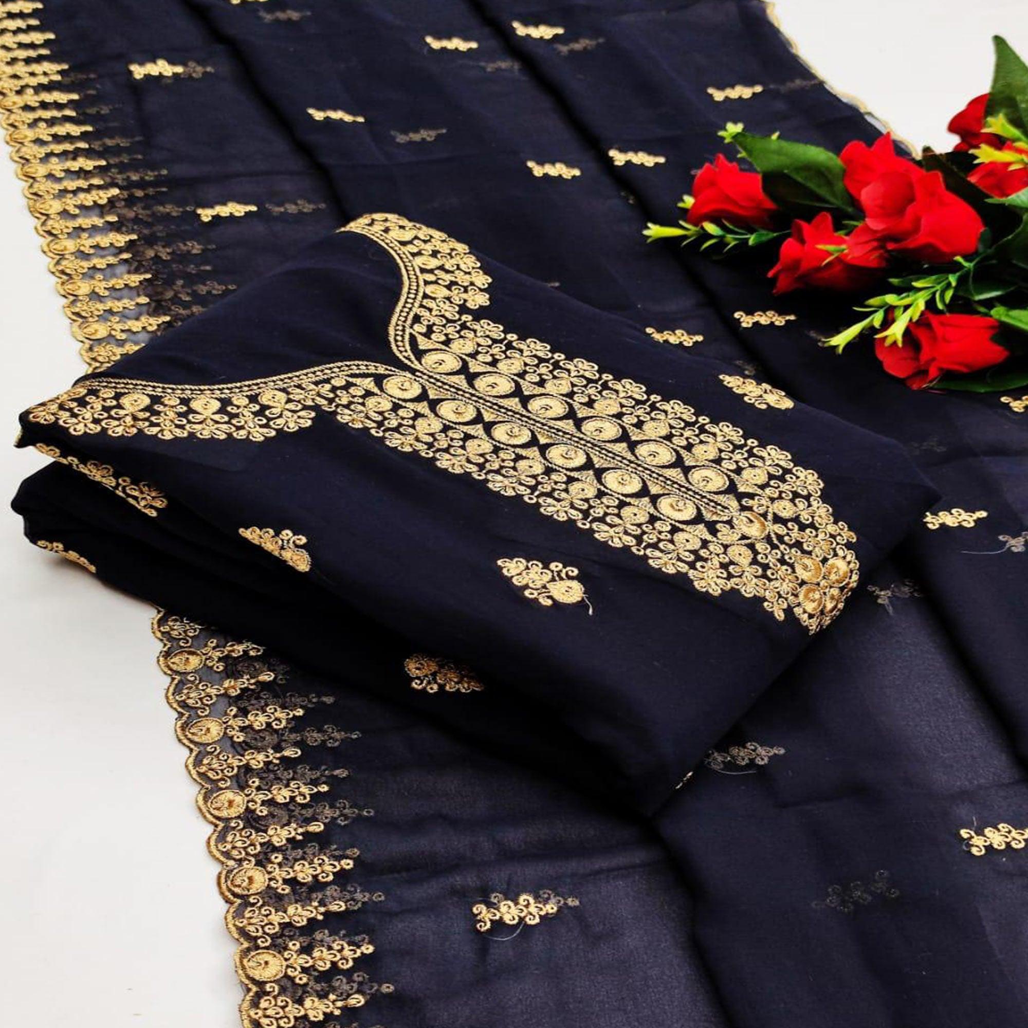 Navy Blue Casual Wear Golden Embroidered Georgette Dress Material - Peachmode
