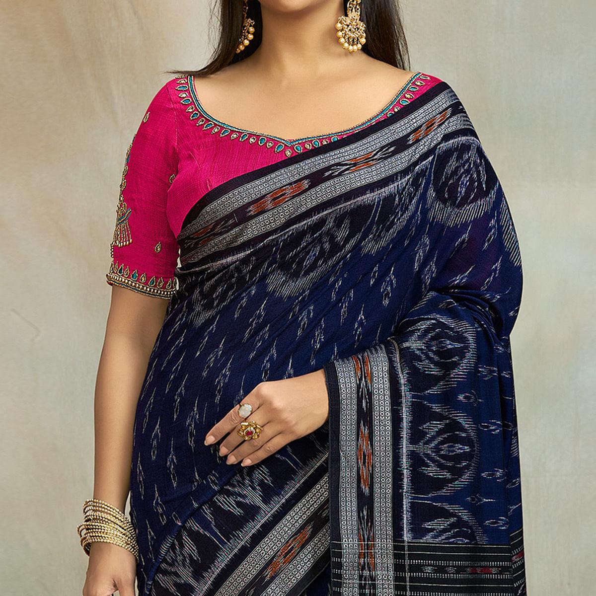 Navy Blue Casual Wear Ikkat Printed Mul Mul Cotton Saree - Peachmode