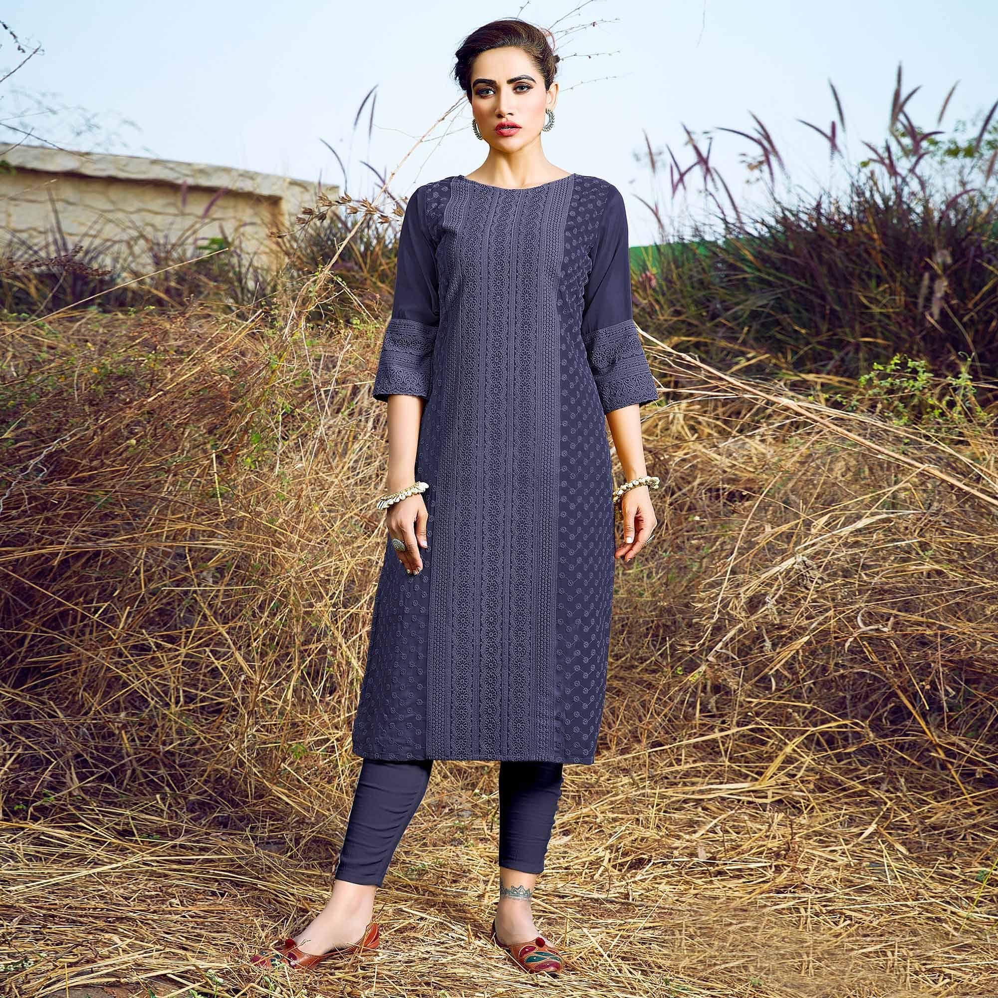 Navy Blue Casual Wear Lucknowi Embroidered Georgette Kurti - Peachmode