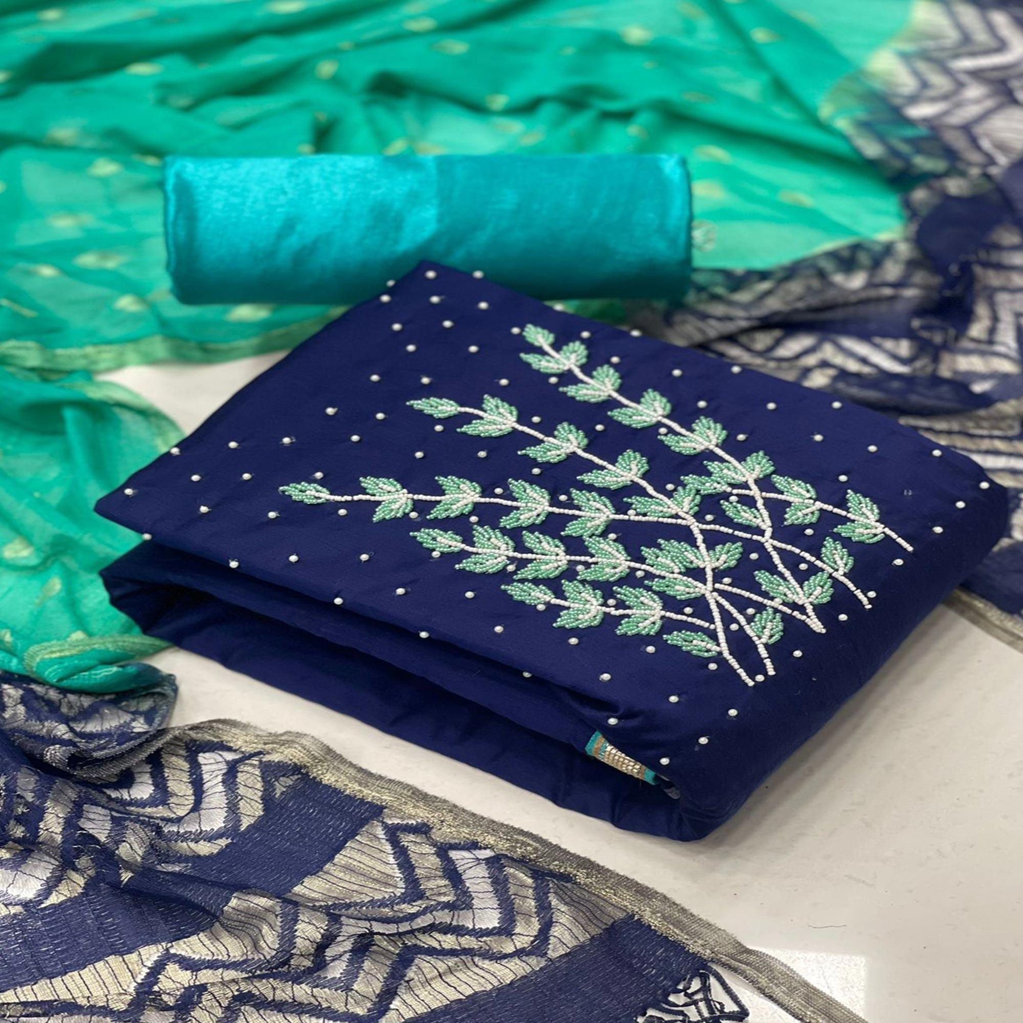 Navy Blue Casual Wear Pearl Handwork Modal Silk Dress Material - Peachmode
