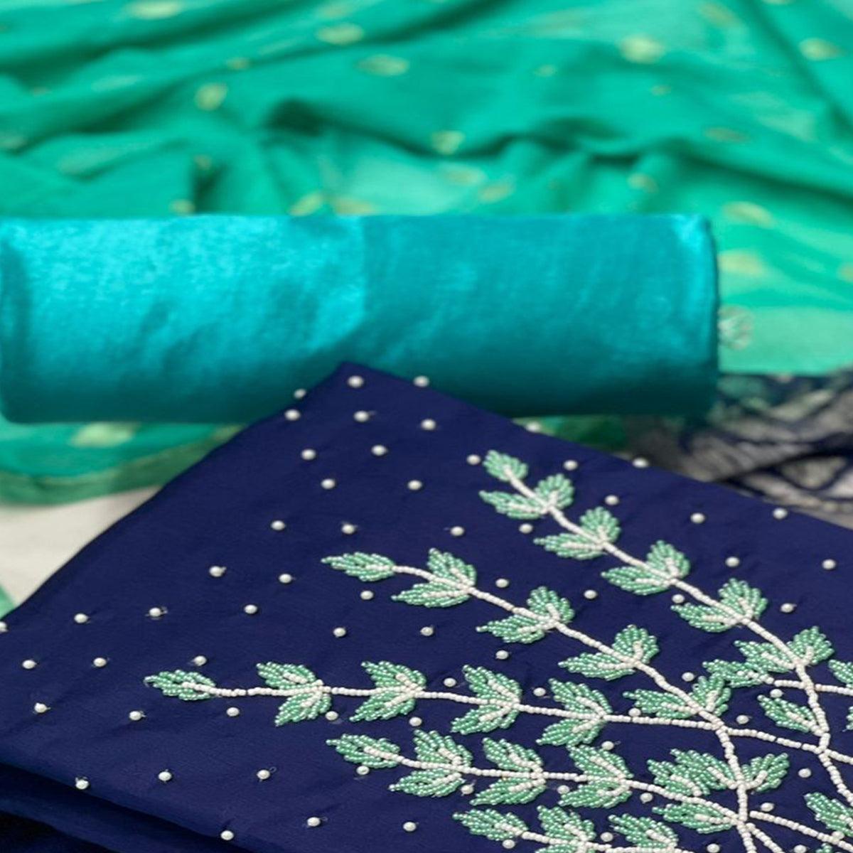 Navy Blue Casual Wear Pearl Handwork Modal Silk Dress Material - Peachmode