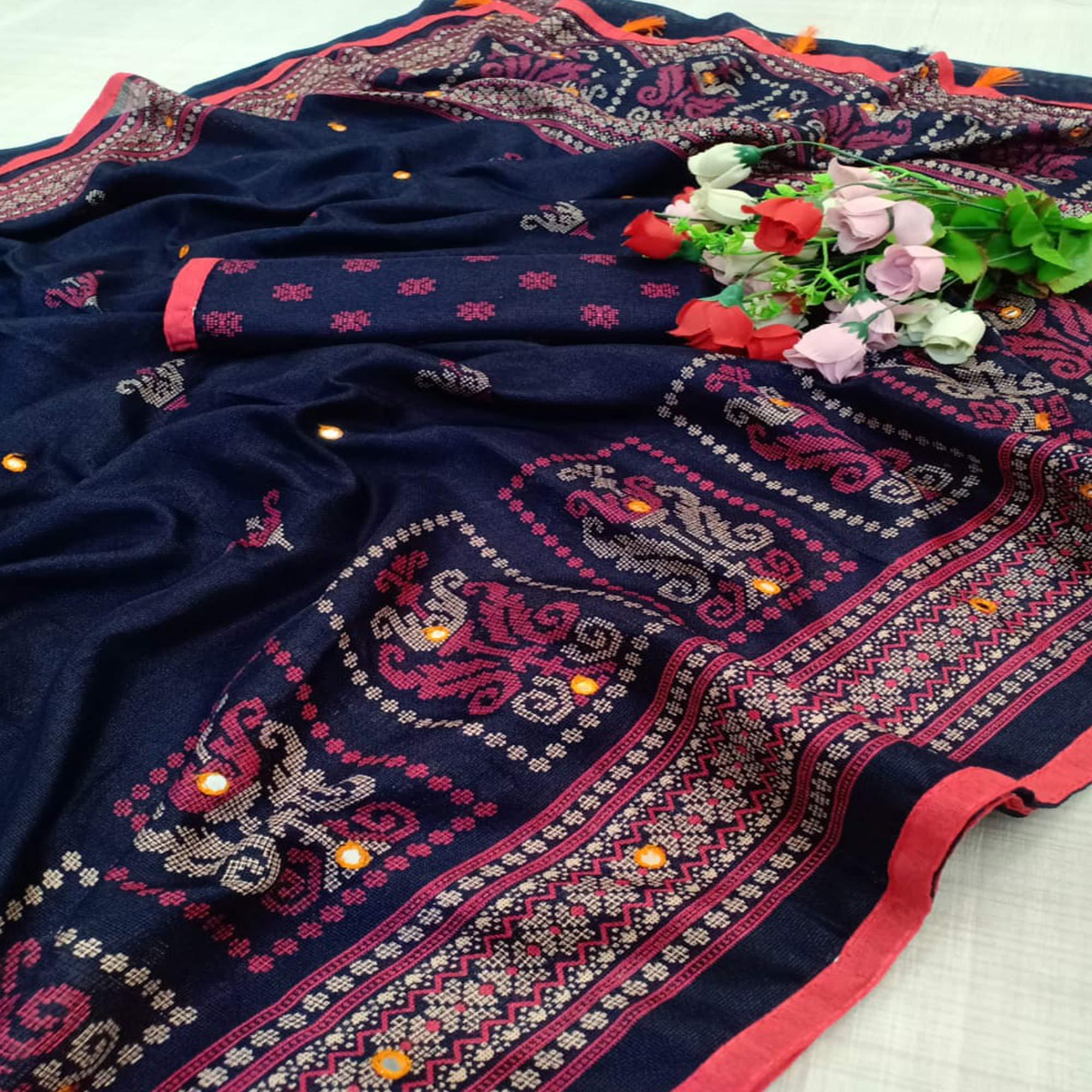 Navy Blue Casual Wear Print With Mirror Work Jute Saree - Peachmode