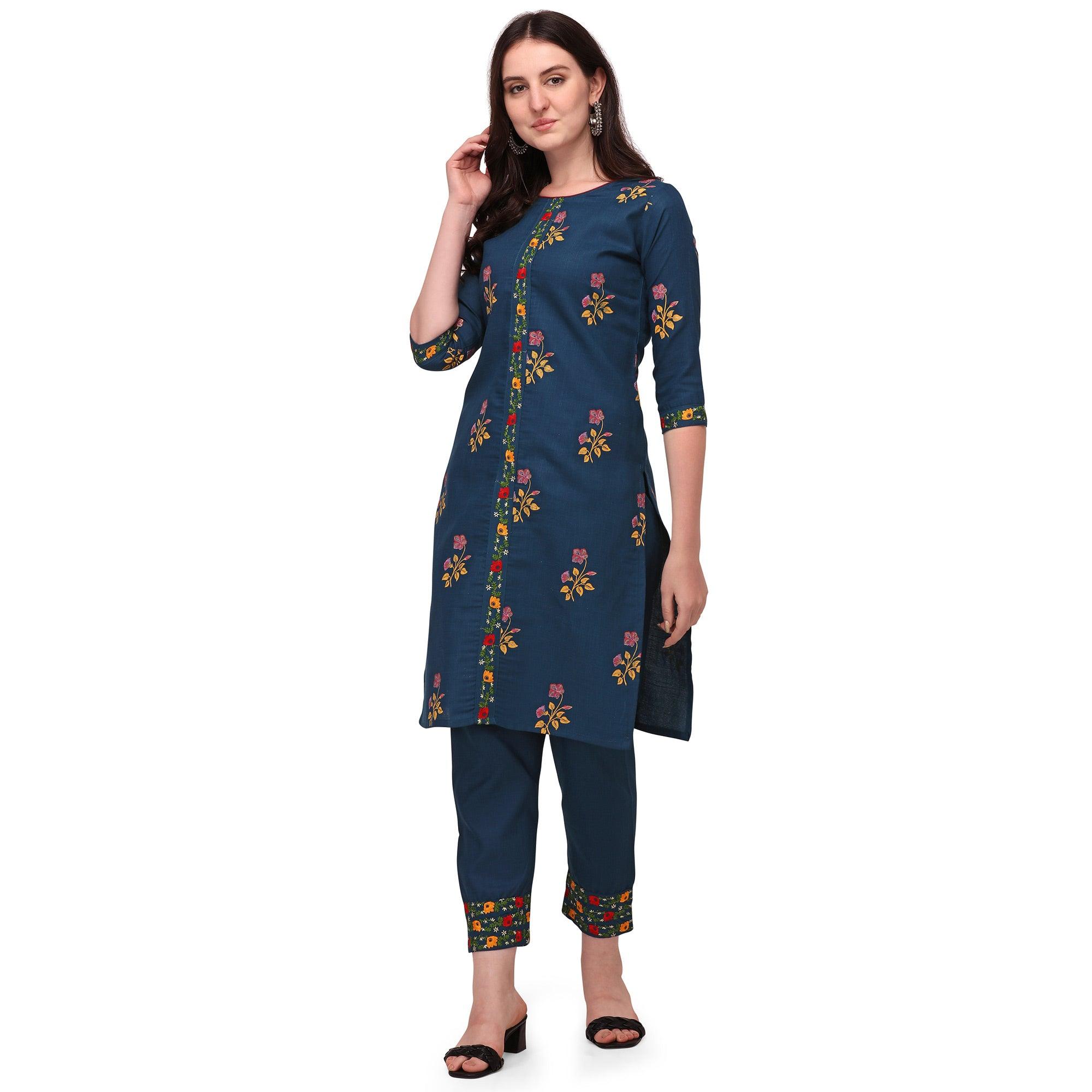 Navy Blue Casual Wear Printed & Embroidered Ruby Cotton Kurti Pant Set - Peachmode
