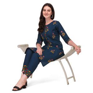 Navy Blue Casual Wear Printed & Embroidered Ruby Cotton Kurti Pant Set - Peachmode