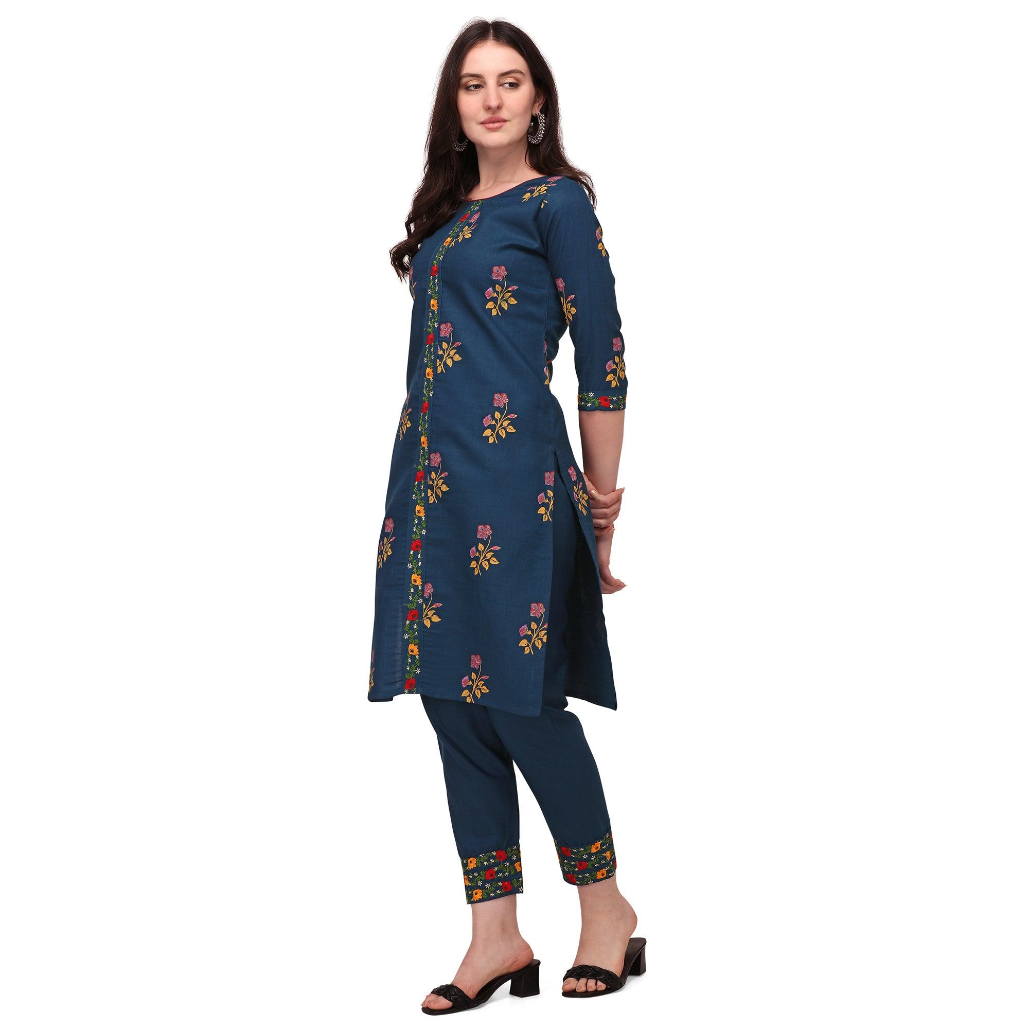 Navy Blue Casual Wear Printed & Embroidered Ruby Cotton Kurti Pant Set - Peachmode