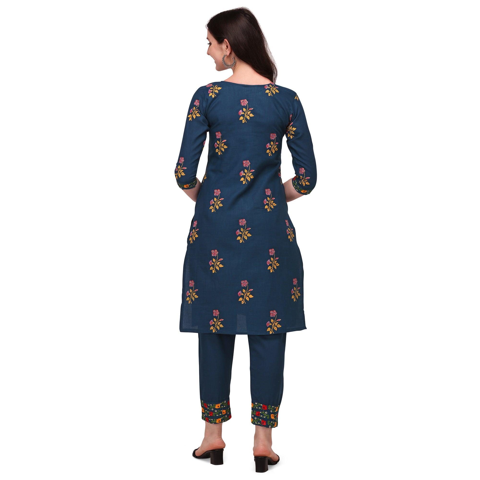 Navy Blue Casual Wear Printed & Embroidered Ruby Cotton Kurti Pant Set - Peachmode