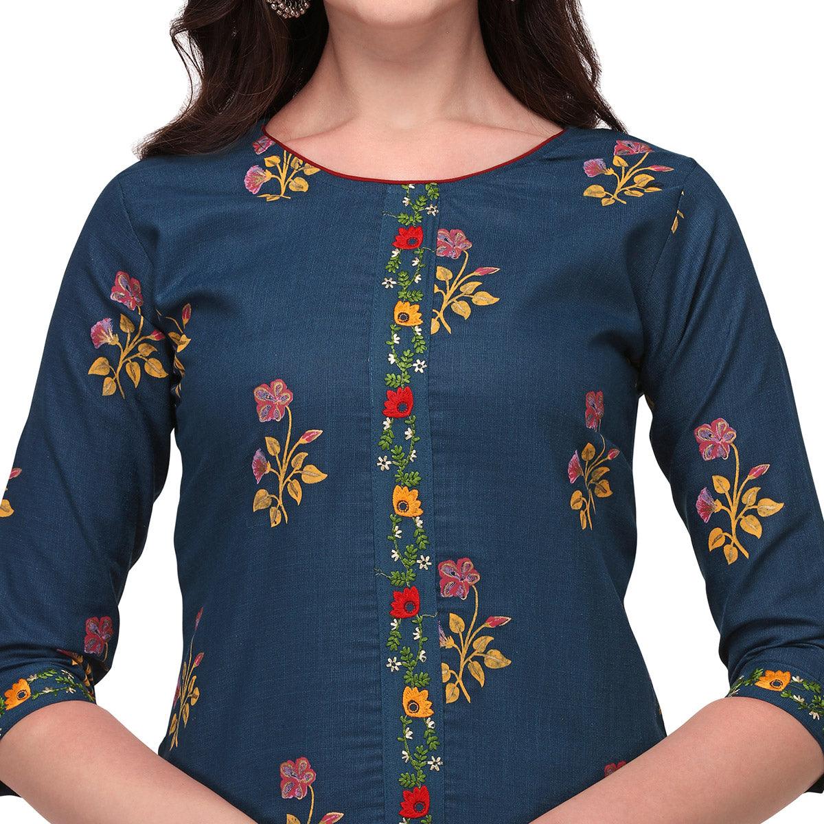 Navy Blue Casual Wear Printed & Embroidered Ruby Cotton Kurti Pant Set - Peachmode