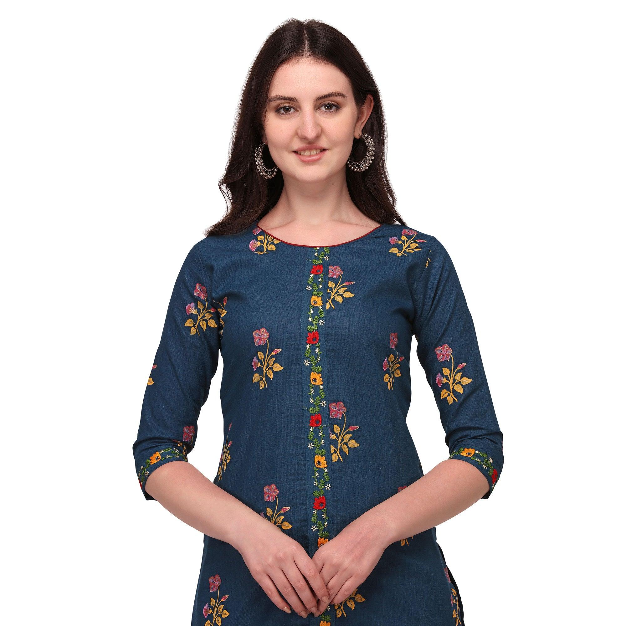 Navy Blue Casual Wear Printed & Embroidered Ruby Cotton Kurti Pant Set - Peachmode