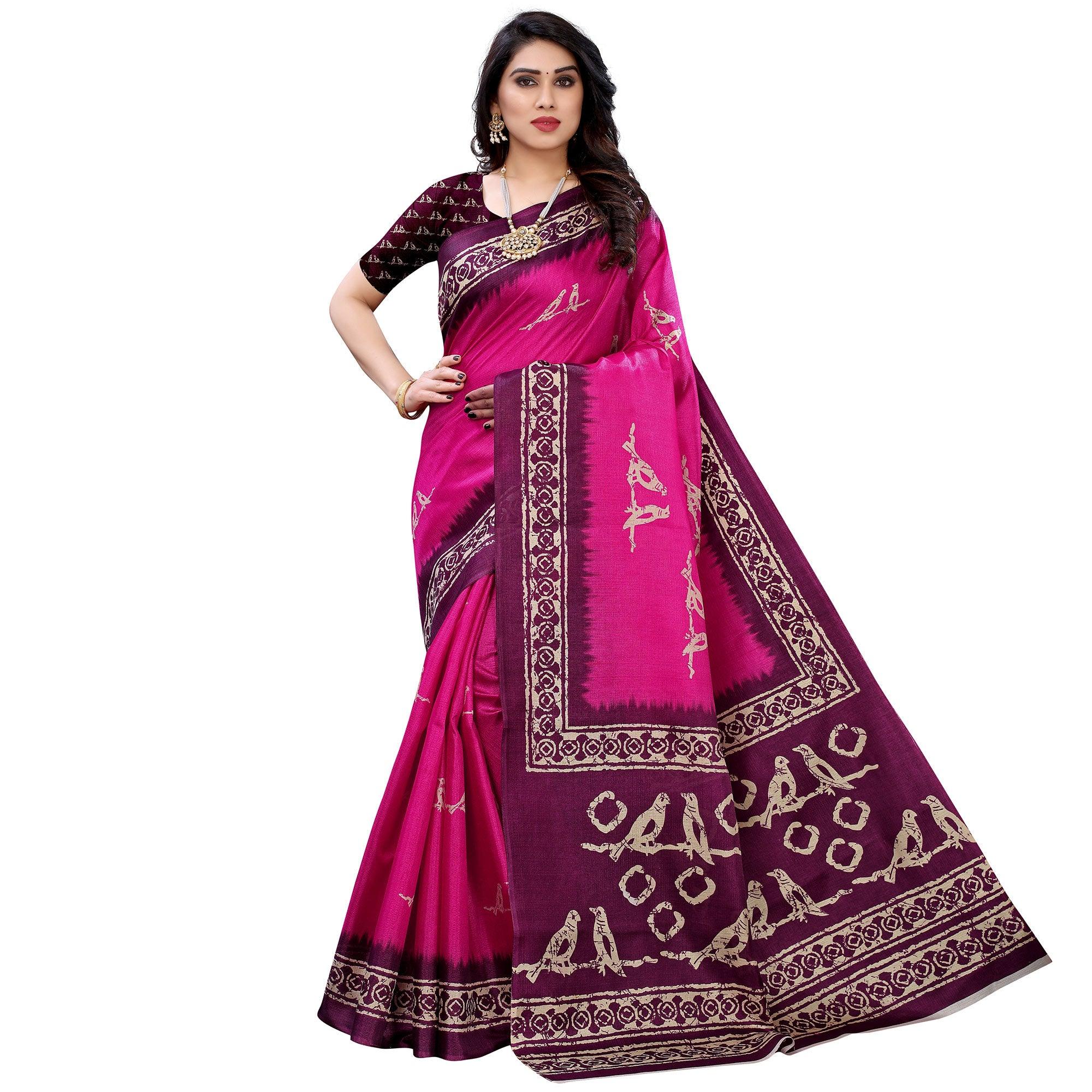 Navy Blue Casual Wear Printed Art Silk Saree - Peachmode