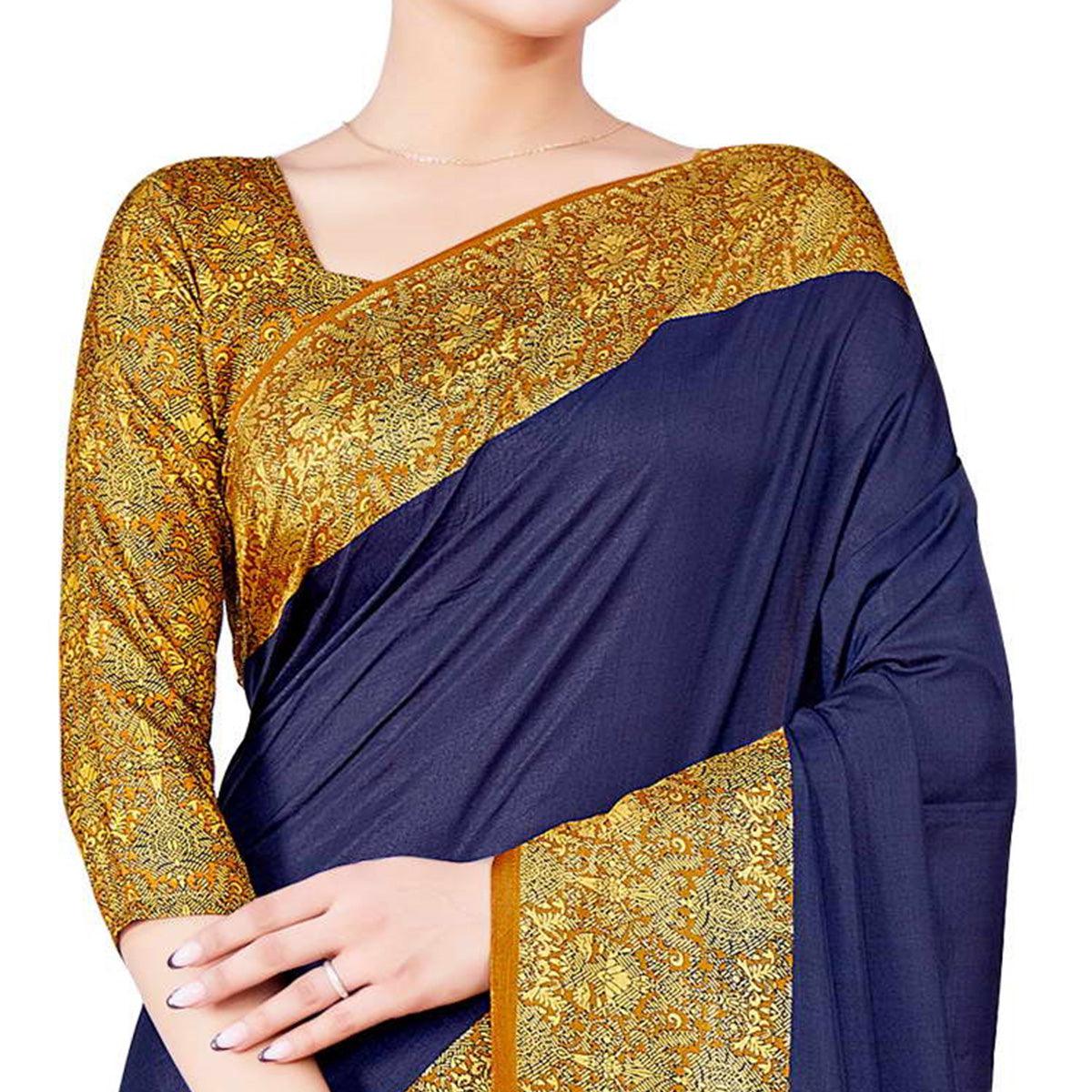 Navy Blue Casual Wear Printed Art Silk Saree - Peachmode