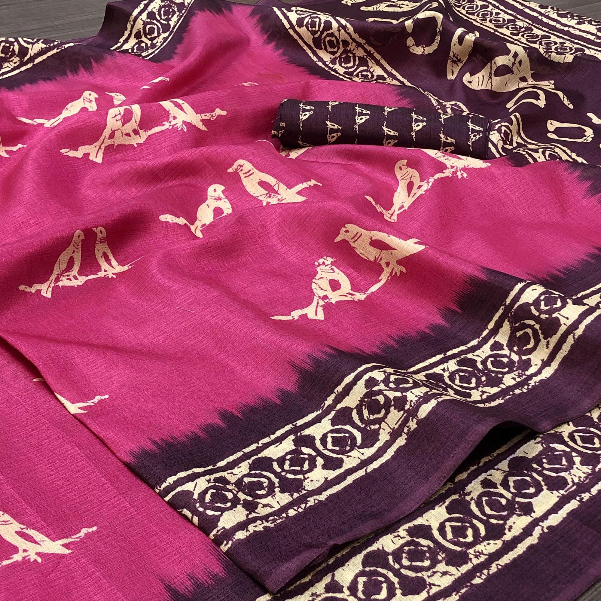 Navy Blue Casual Wear Printed Art Silk Saree - Peachmode