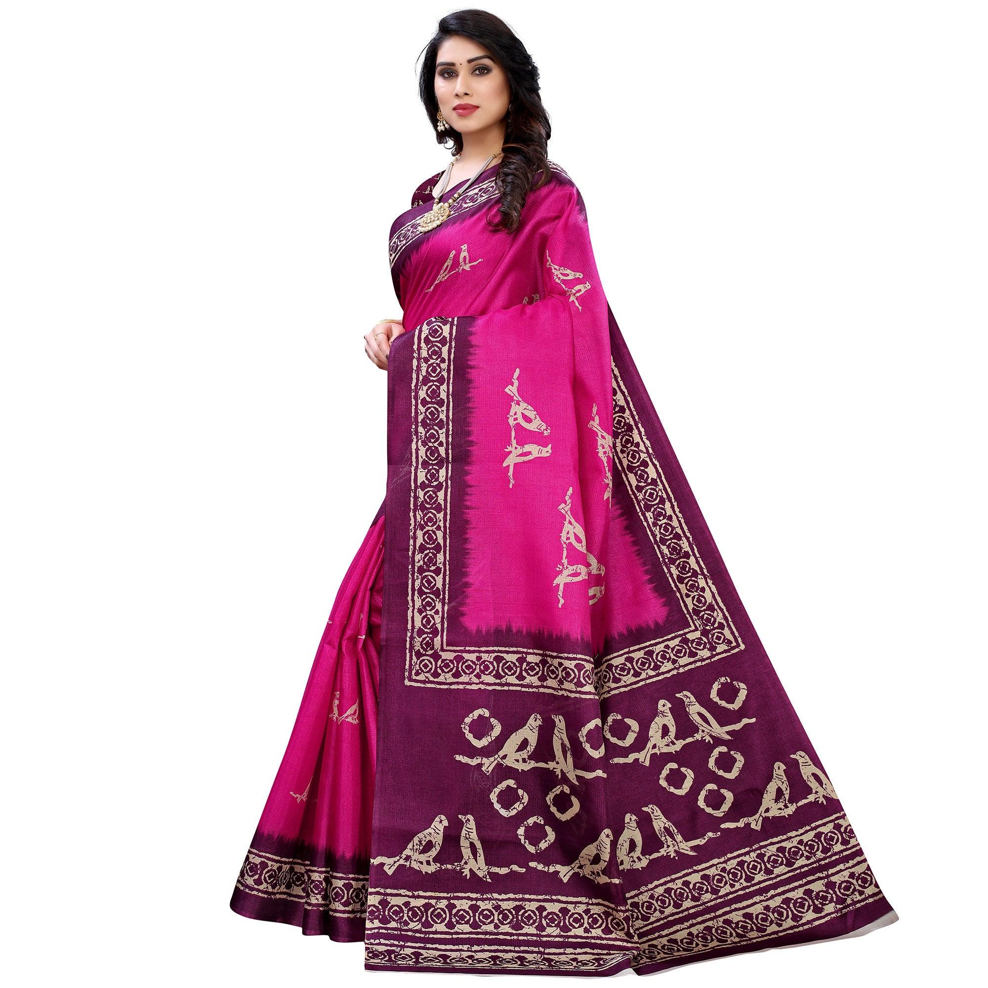 Navy Blue Casual Wear Printed Art Silk Saree - Peachmode