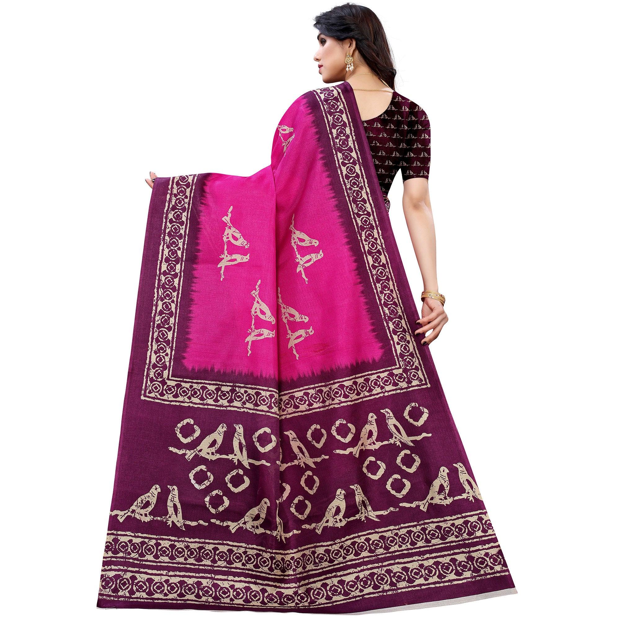 Navy Blue Casual Wear Printed Art Silk Saree - Peachmode