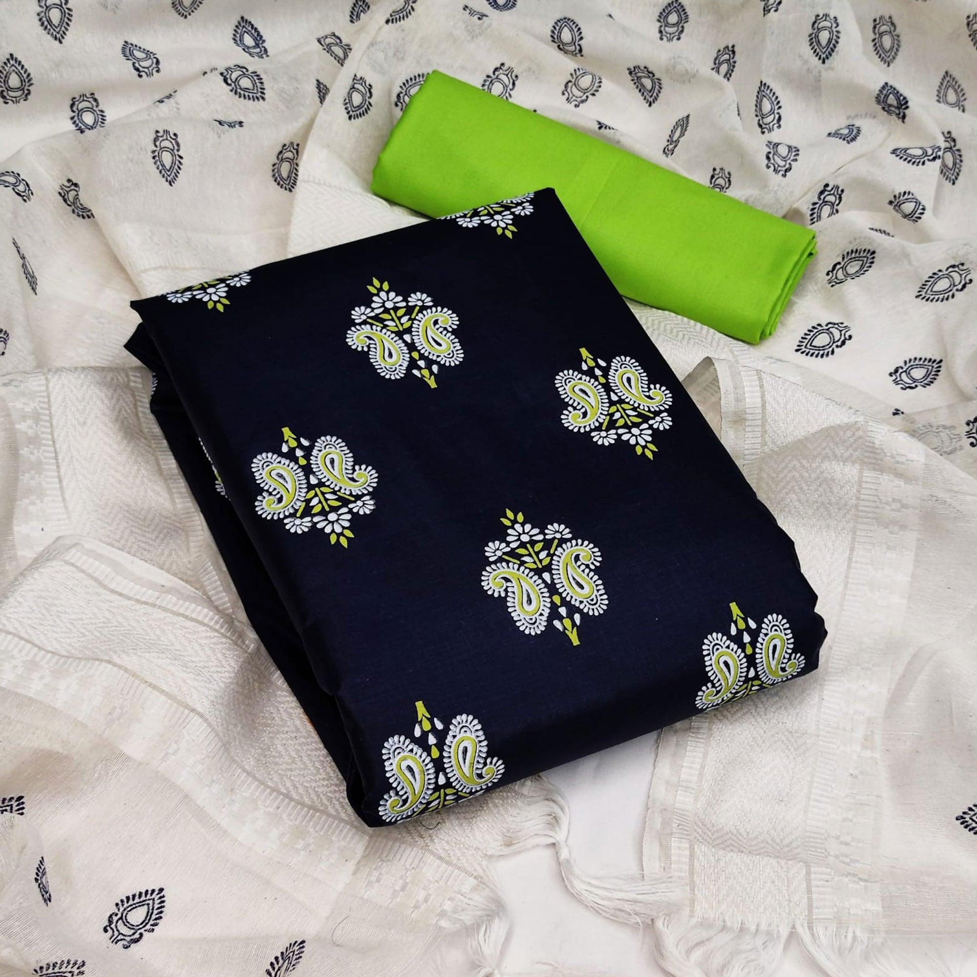 Navy Blue Casual Wear Printed Cotton Dress Material - Peachmode