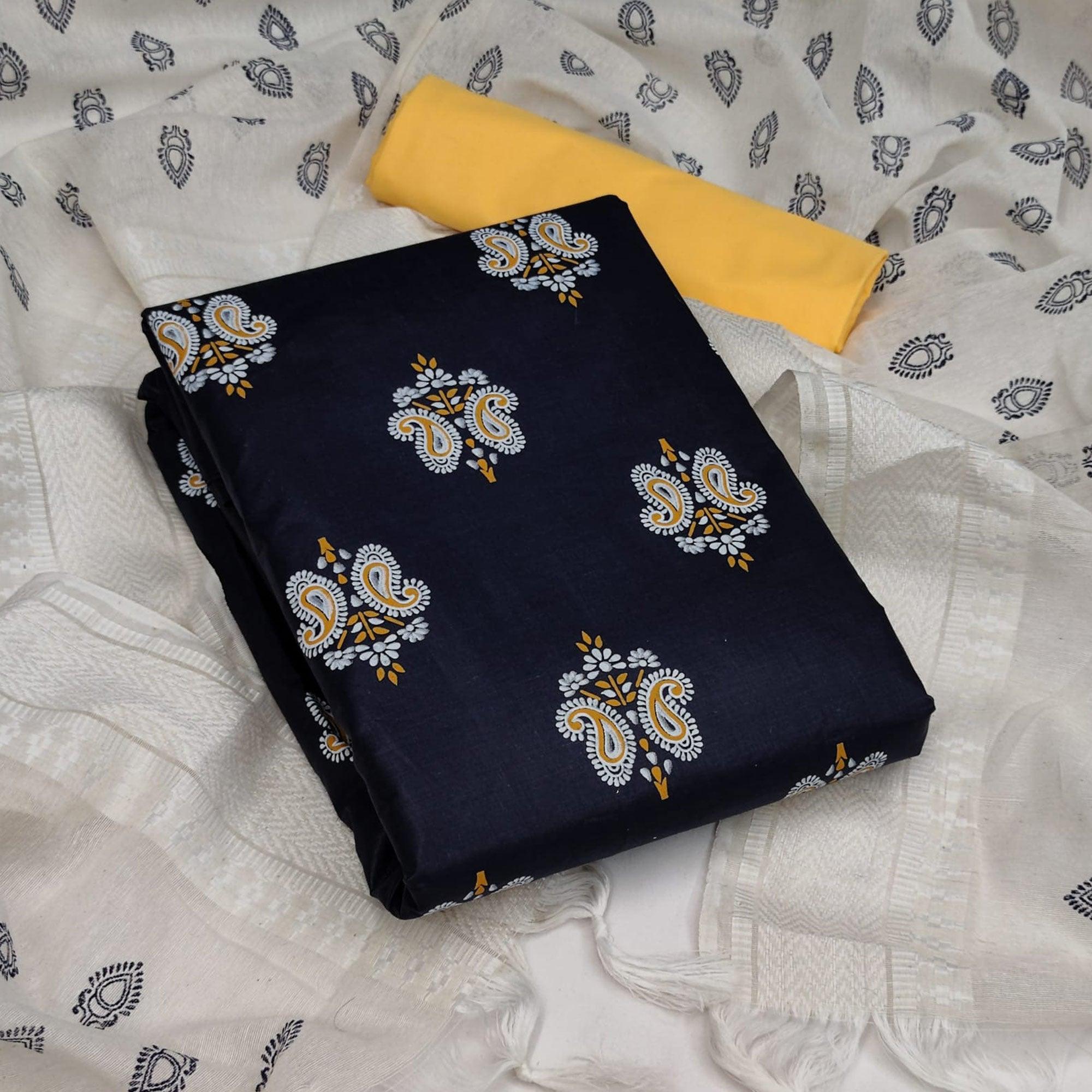 Navy Blue Casual Wear Printed Cotton Dress Material - Peachmode