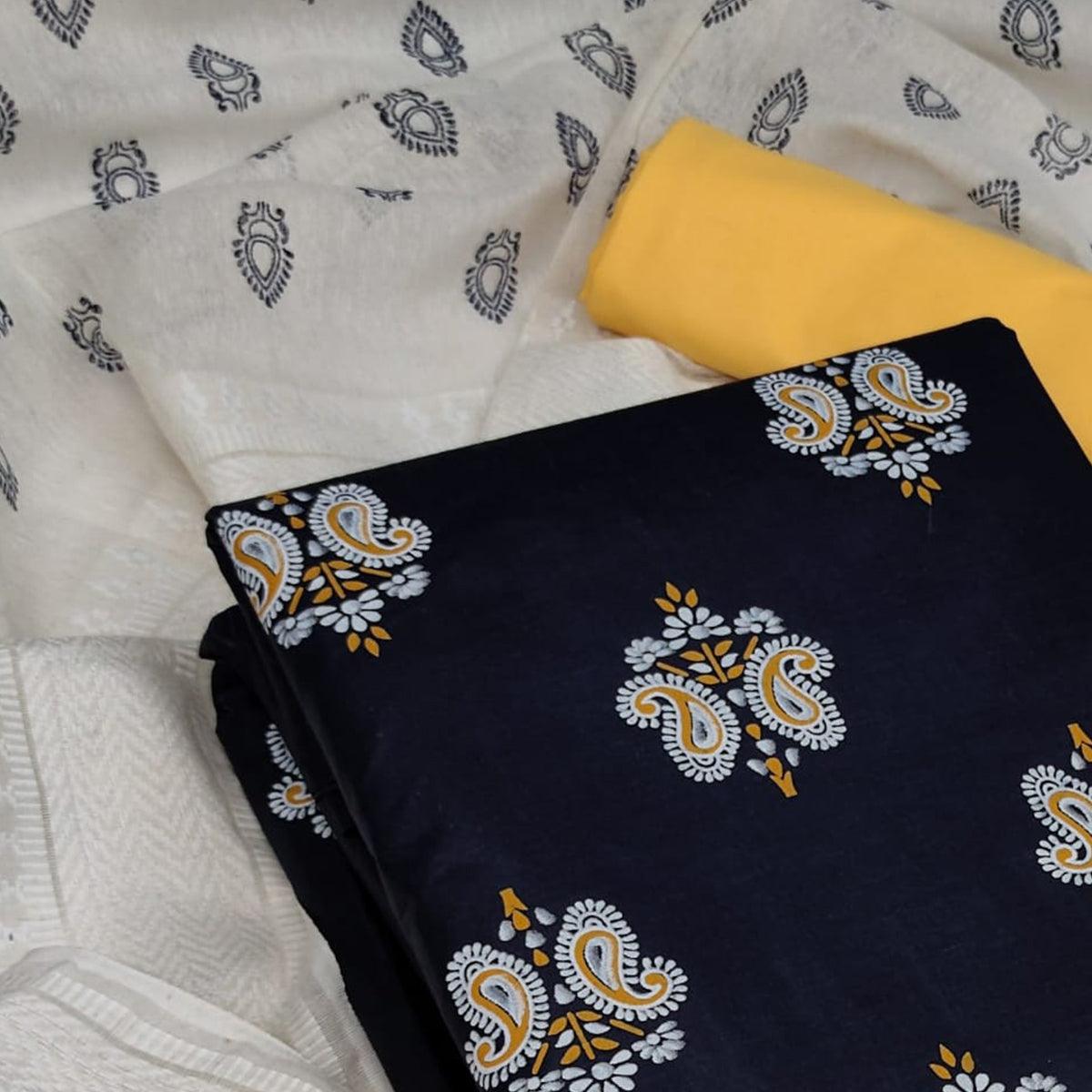 Navy Blue Casual Wear Printed Cotton Dress Material - Peachmode