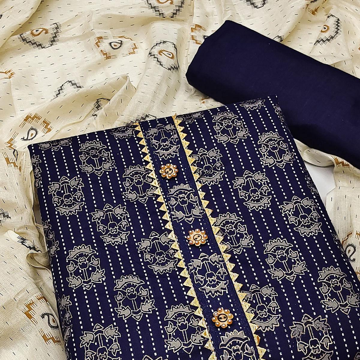 Navy Blue Casual Wear Printed Cotton Dress Material - Peachmode