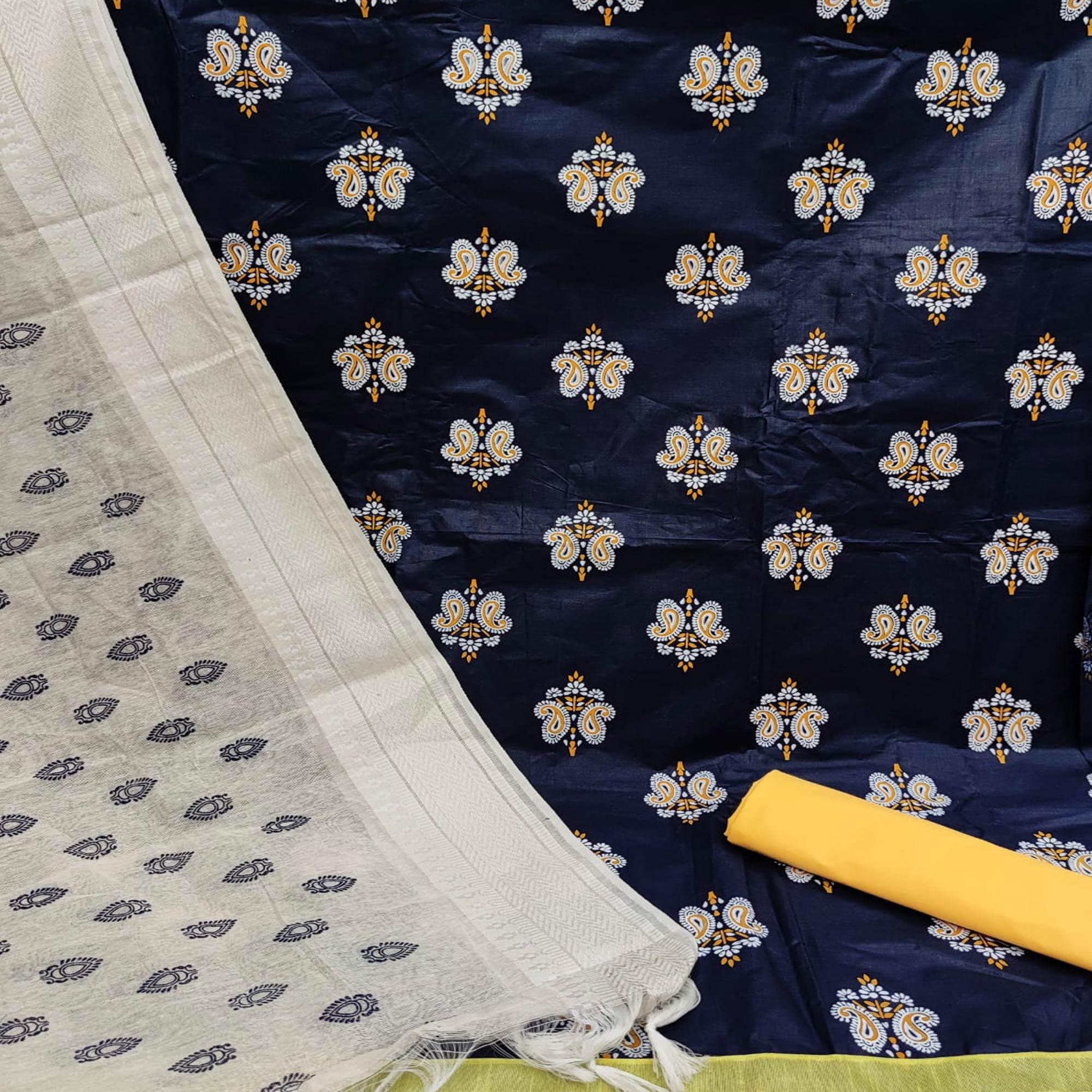 Navy Blue Casual Wear Printed Cotton Dress Material - Peachmode
