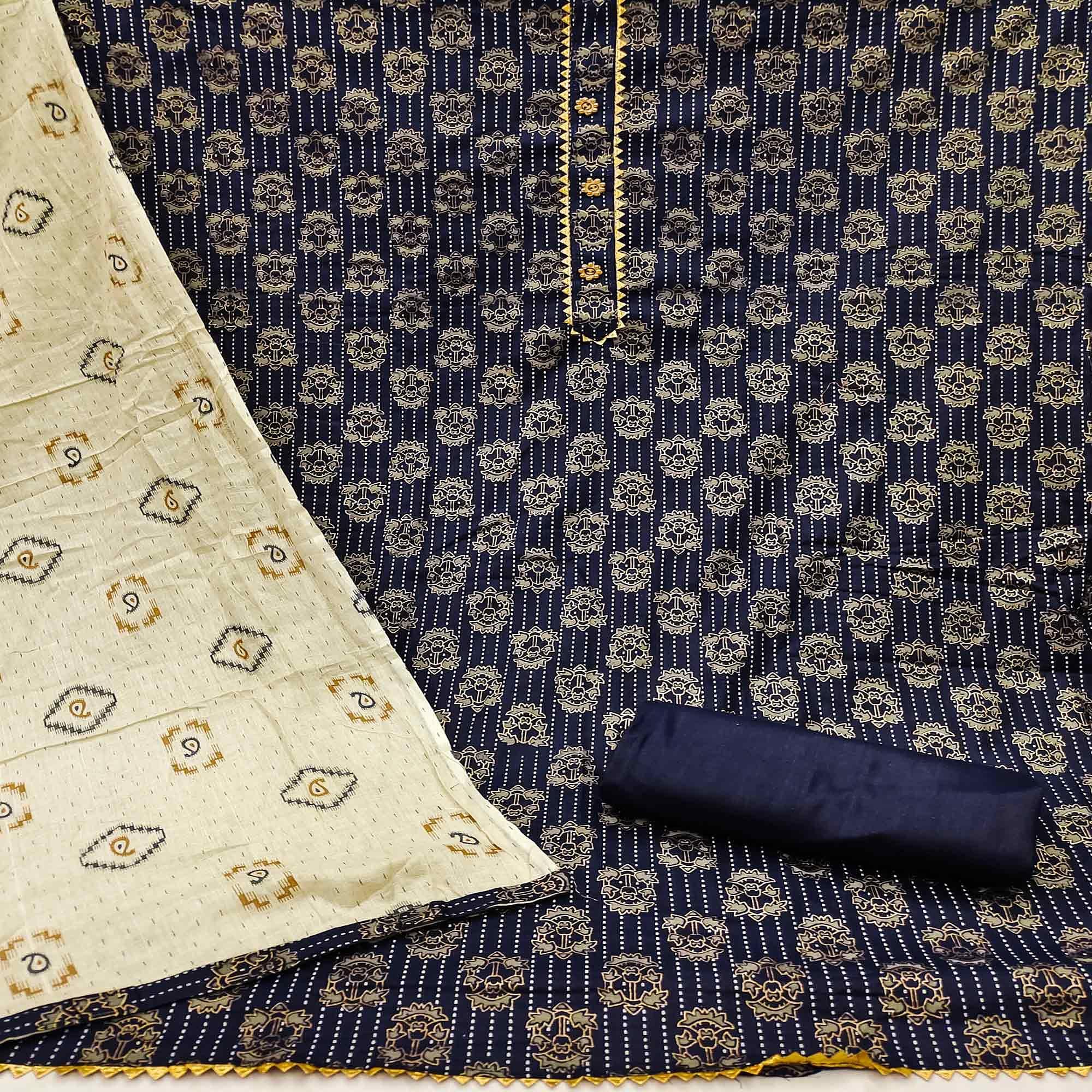 Navy Blue Casual Wear Printed Cotton Dress Material - Peachmode