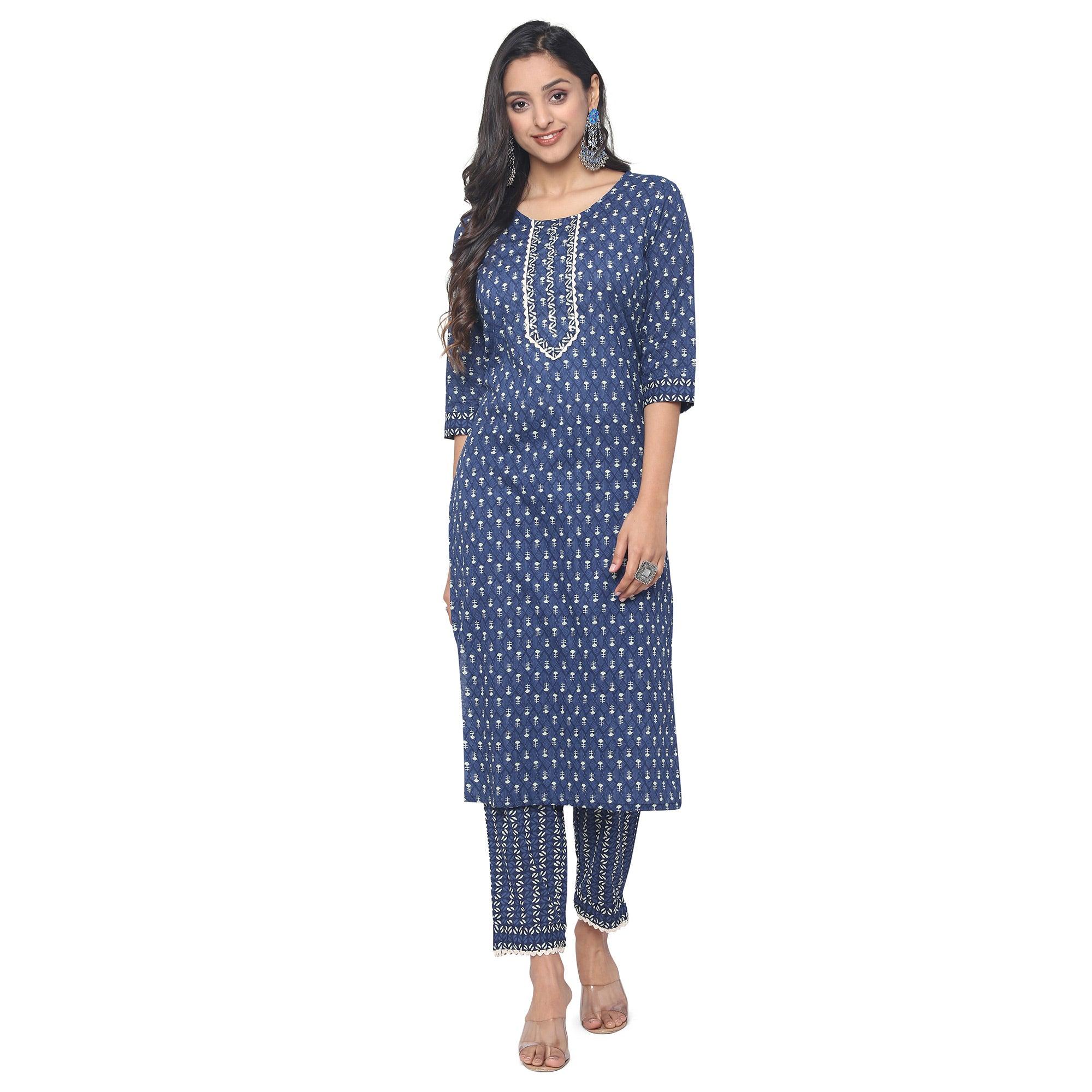 Navy Blue Casual Wear Printed Cotton Kurti Pant Set - Peachmode