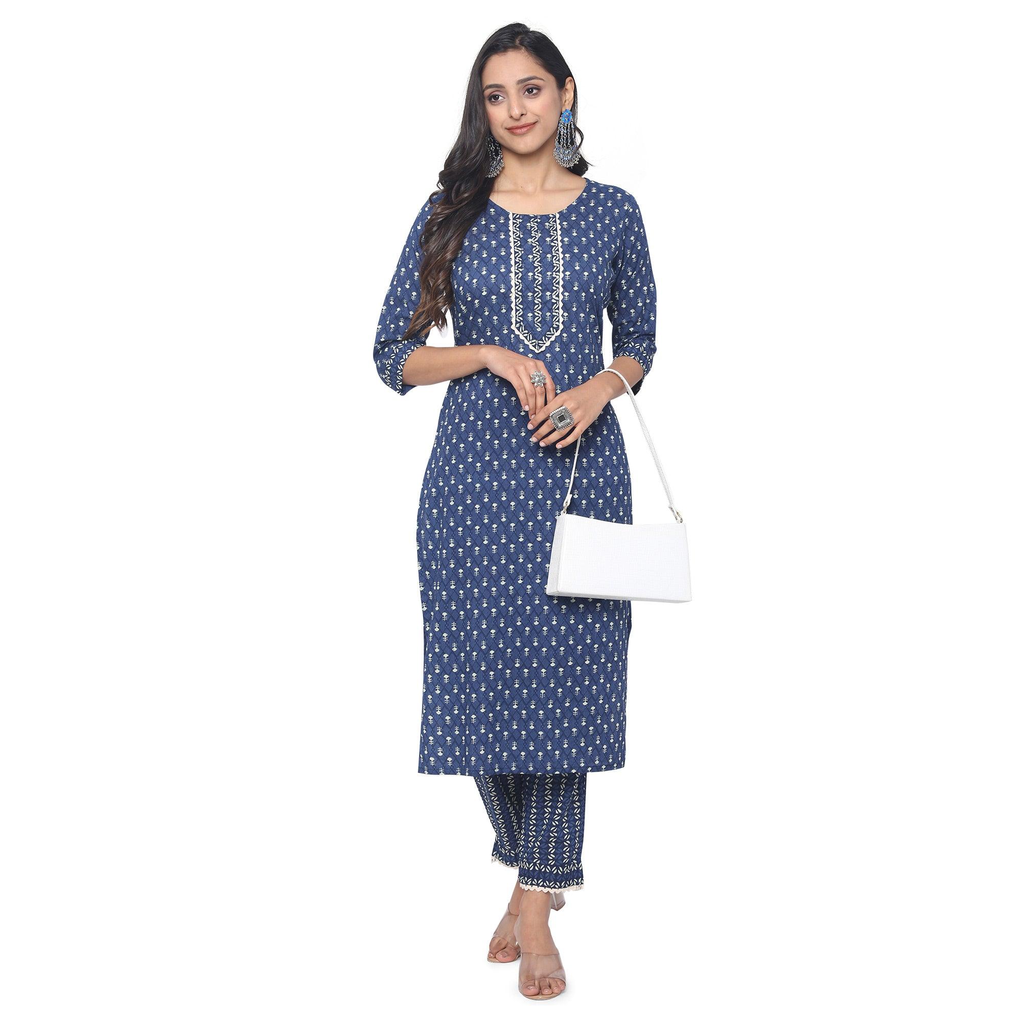 Navy Blue Casual Wear Printed Cotton Kurti Pant Set - Peachmode