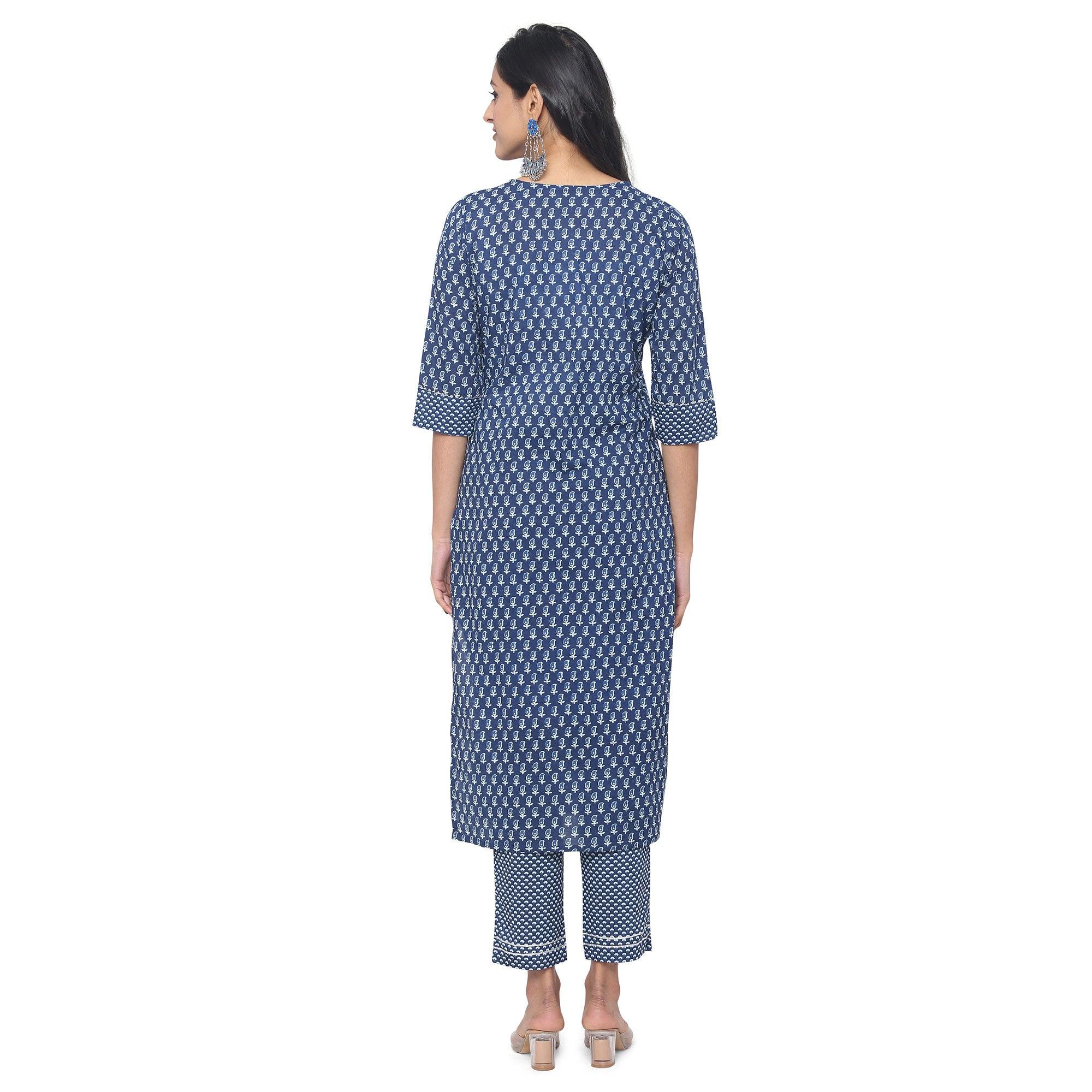 Navy Blue Casual Wear Printed Cotton Kurti Pant Set - Peachmode