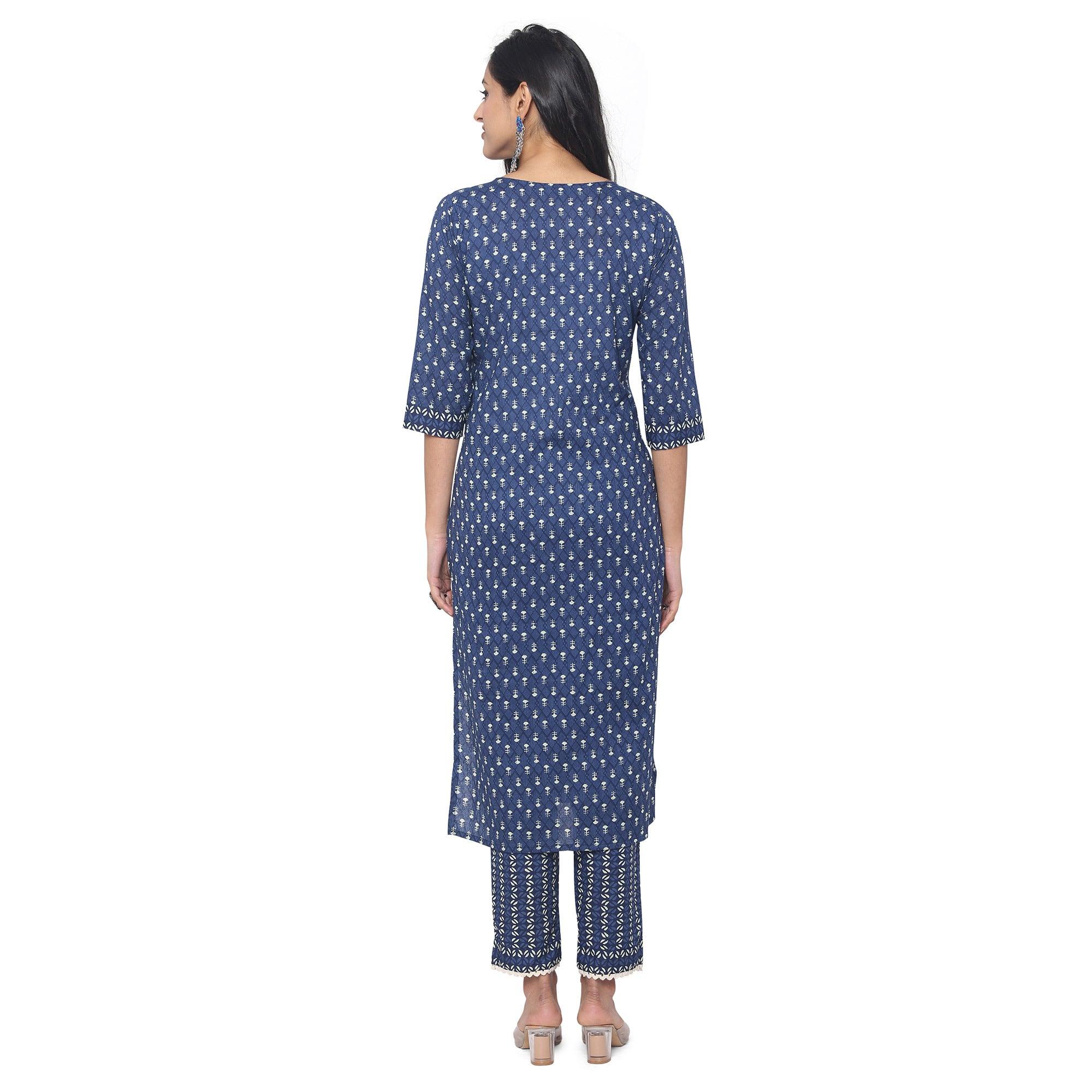 Navy Blue Casual Wear Printed Cotton Kurti Pant Set - Peachmode