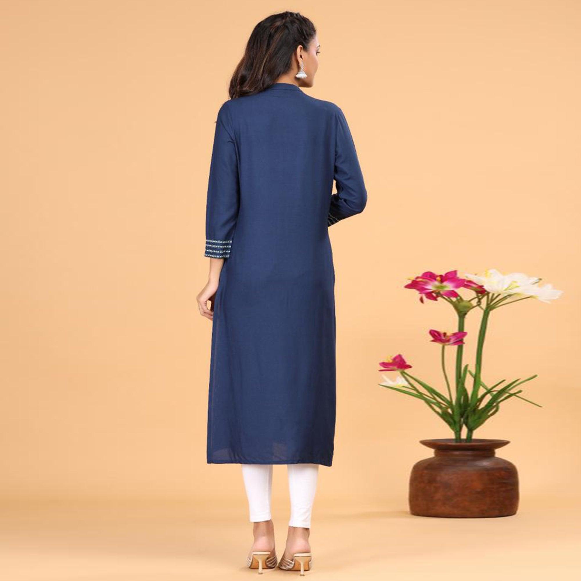Navy Blue Casual Wear Printed Cotton Kurti - Peachmode