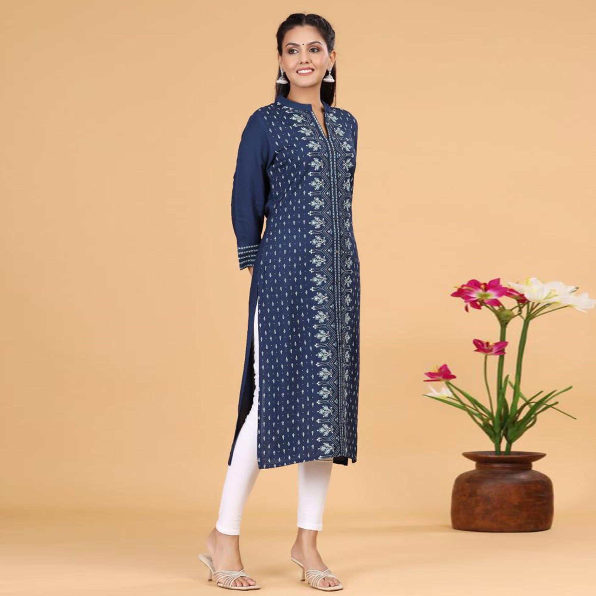 Navy Blue Casual Wear Printed Cotton Kurti - Peachmode