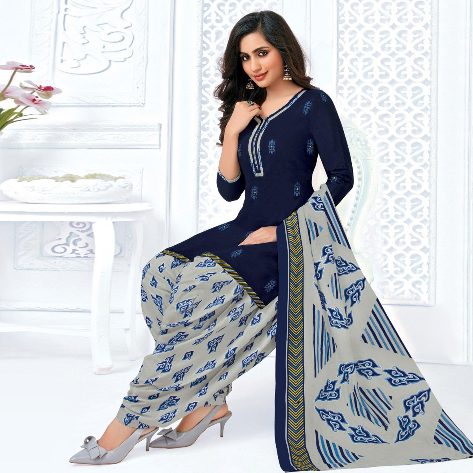 Navy Blue Casual Wear Printed Cotton Patiala Dress Material - Peachmode