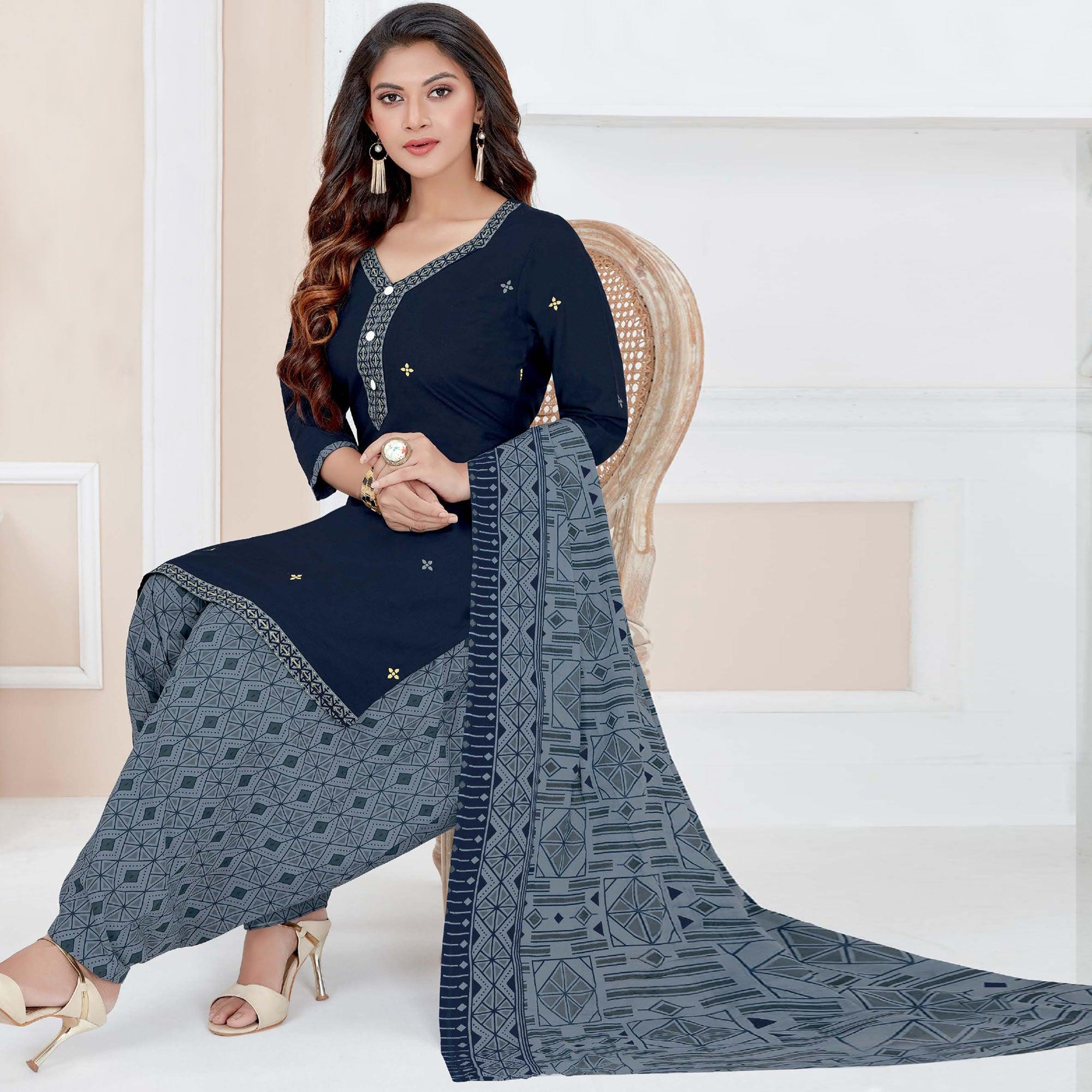Navy Blue Casual Wear Printed Cotton Patiala Dress Material - Peachmode