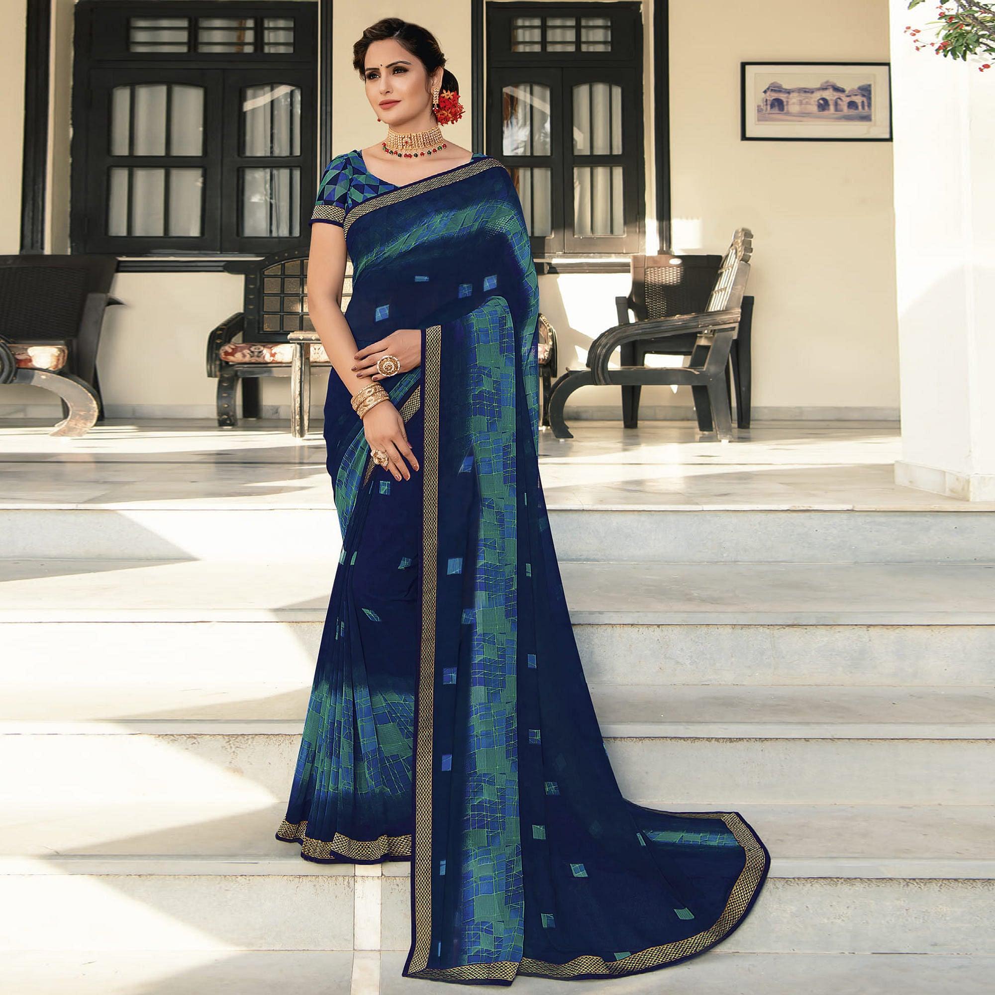 Navy Blue Casual Wear Printed Georgette Saree - Peachmode